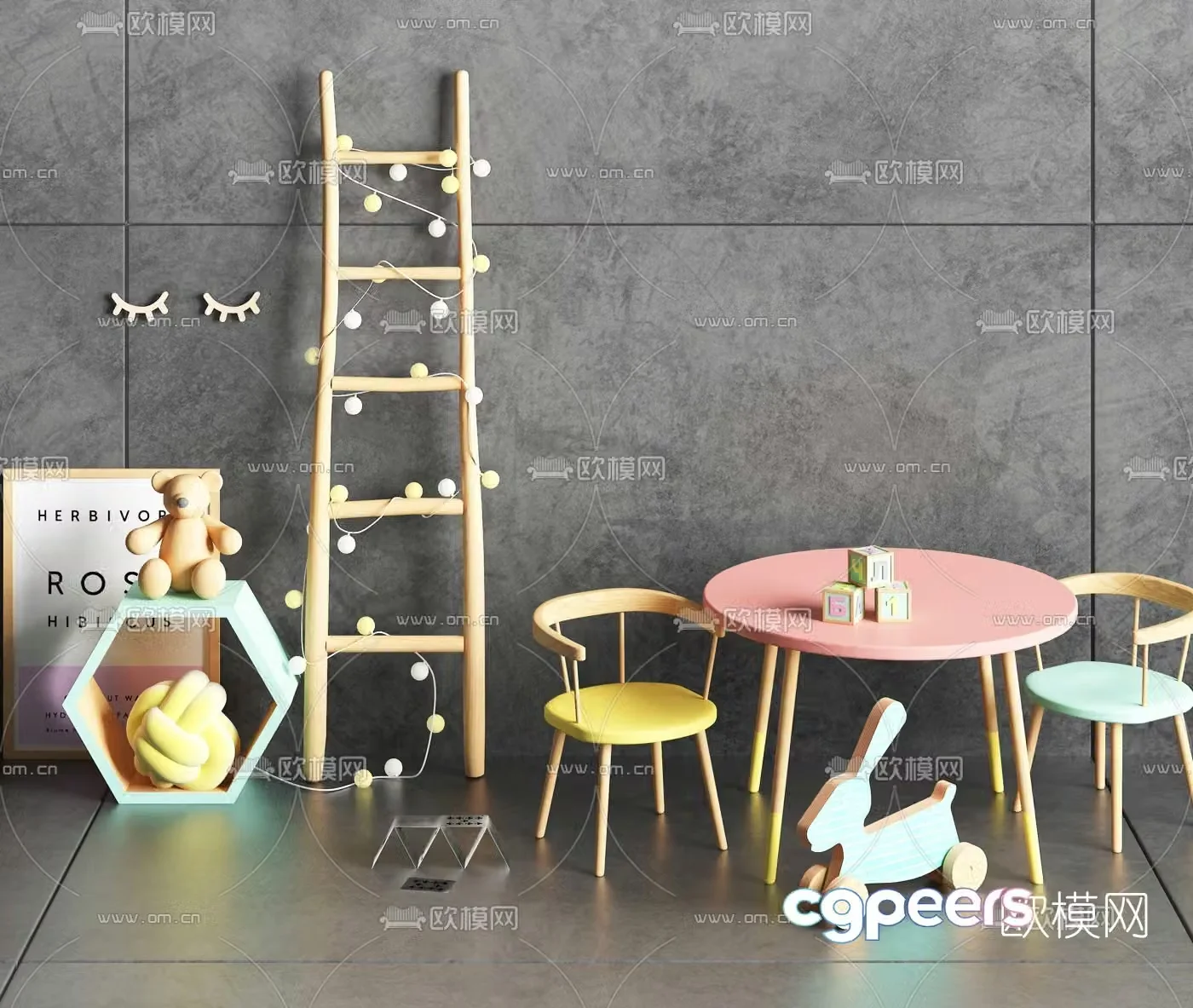 Nordic children’s room table and chair ornaments 3D model