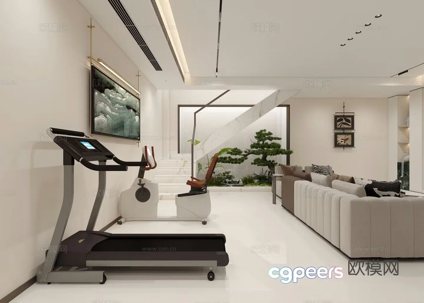 Basement gym fitness equipment treadmill 3d model