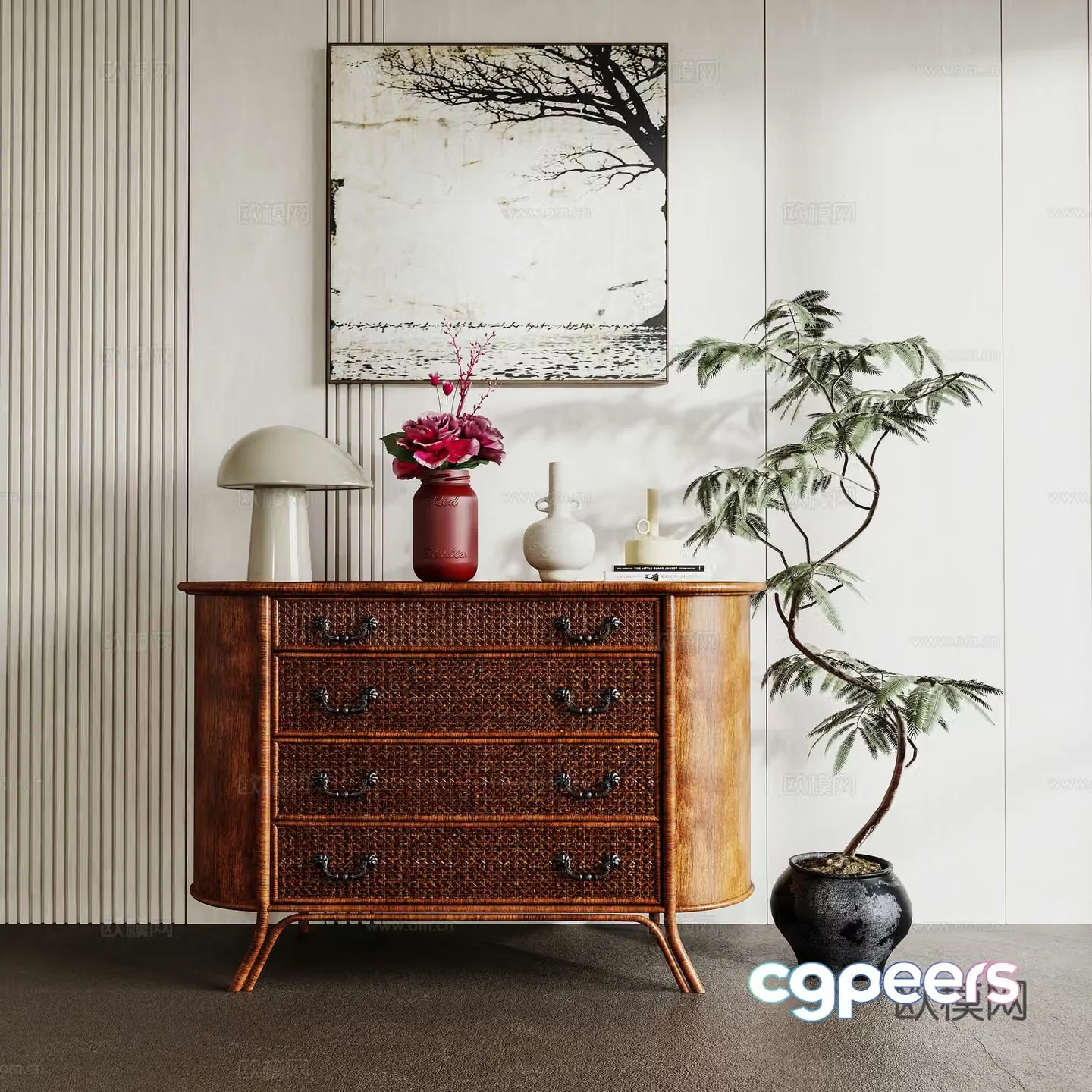 Chinese style entrance cabinet sideboard storage cabinet hanging painting green plant 3D model