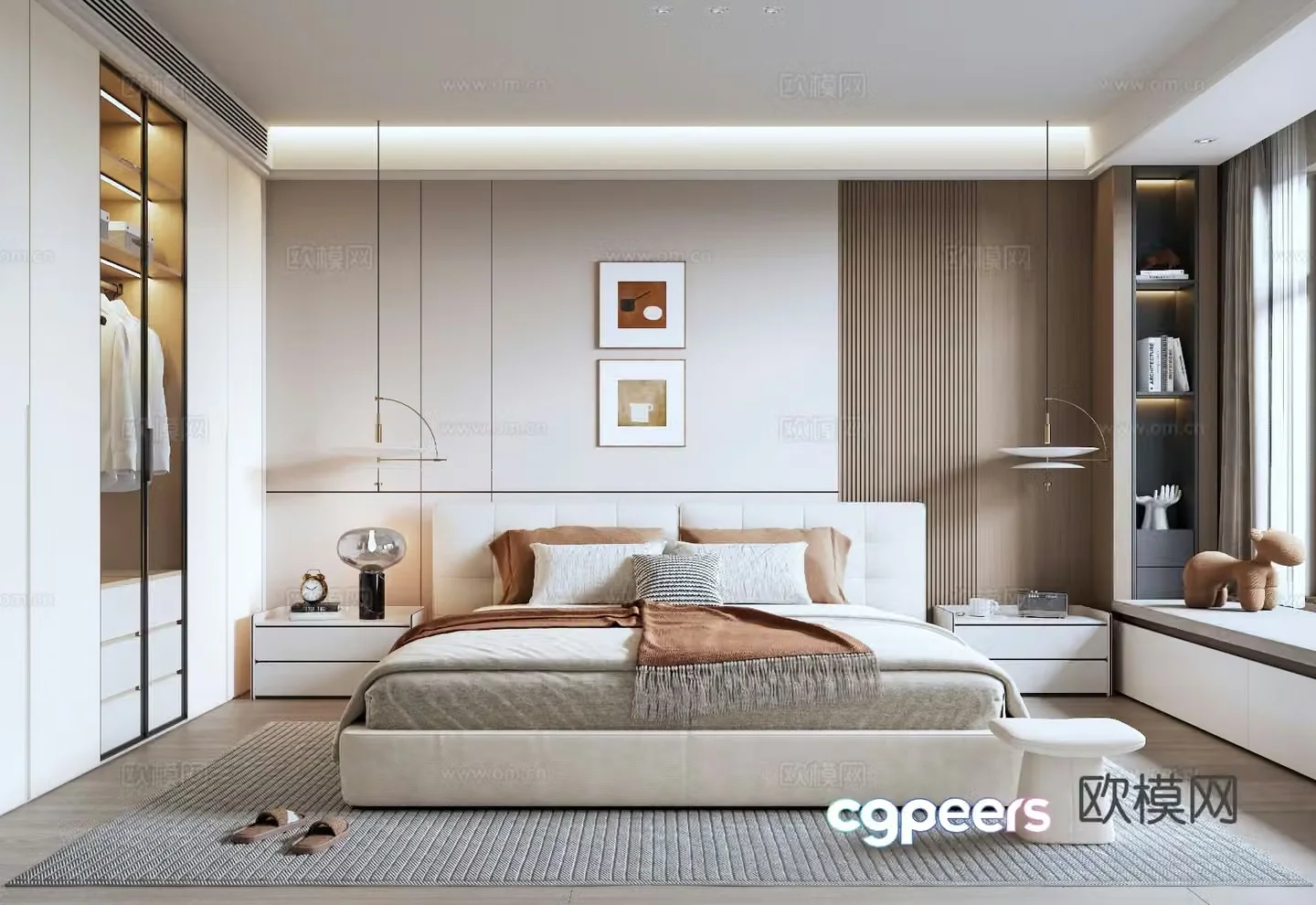 Modern minimalist bedroom wardrobe background wall wall light bay window bedroom double bed bedside table 3d model