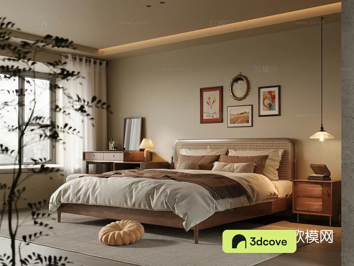 Middle-aged home bedroom solid wood double bed bedside table solid wood dressing table and chair chandeliers 3D model