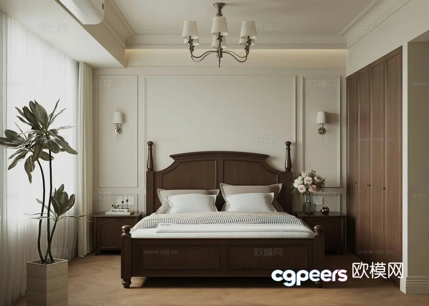 American French home bedroom double bed bedside background wall wardrobe potted plant bedside table hanging 3d model
