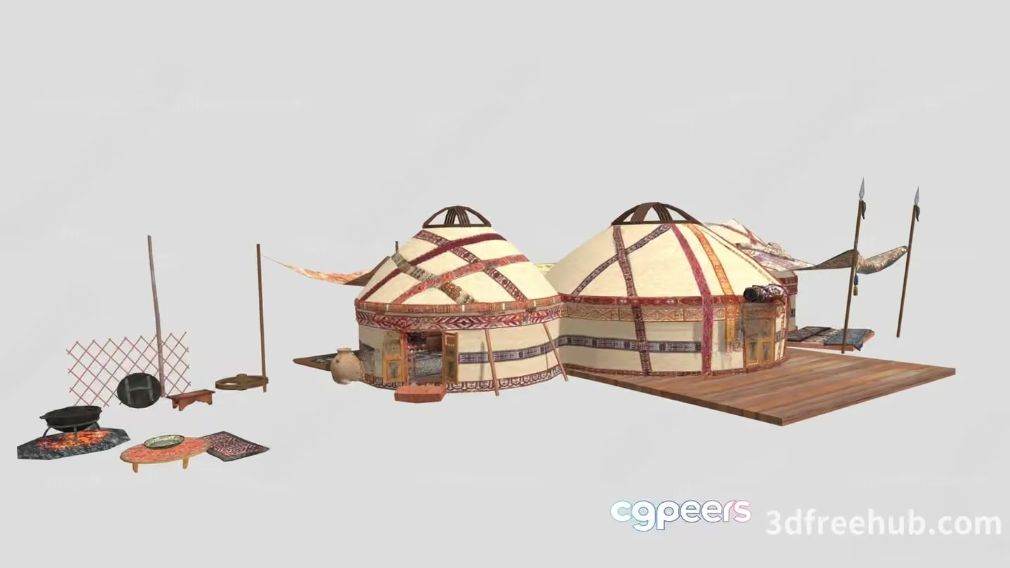 Two Mongolian Yurts 3D Model – 23280 – VRAY Render