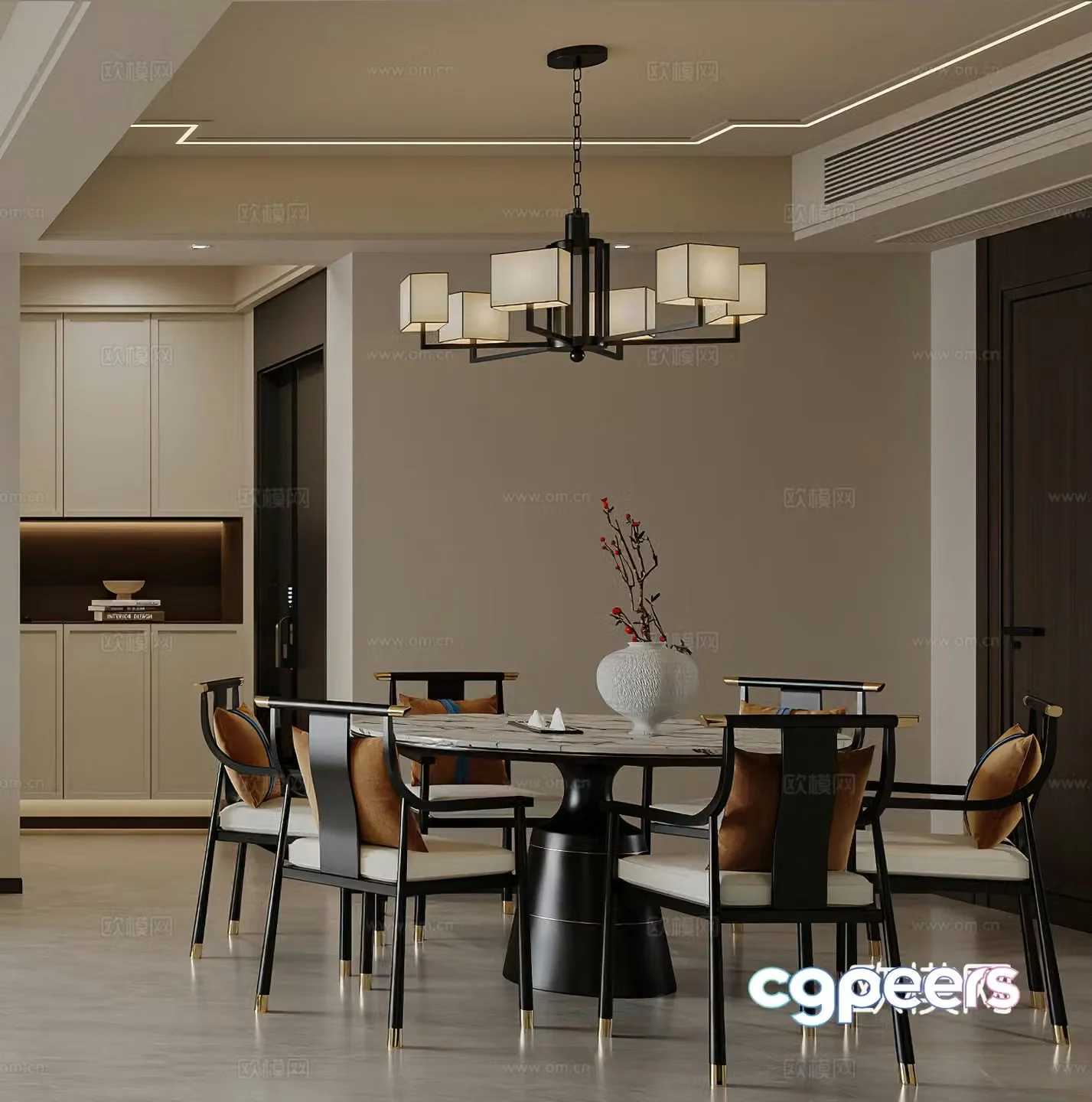 New Chinese restaurant wine cabinet shoe cabinet round dining table New Chinese restaurant chandeliers Middle style 3D model