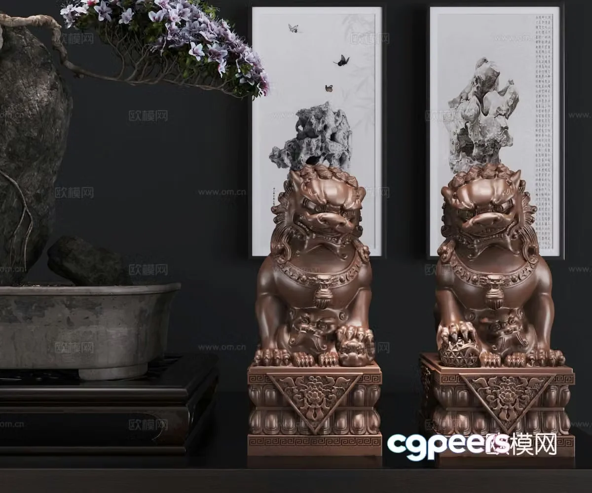 Modern new Chinese style mother-child stone lion sculpture ornament combination 3D model