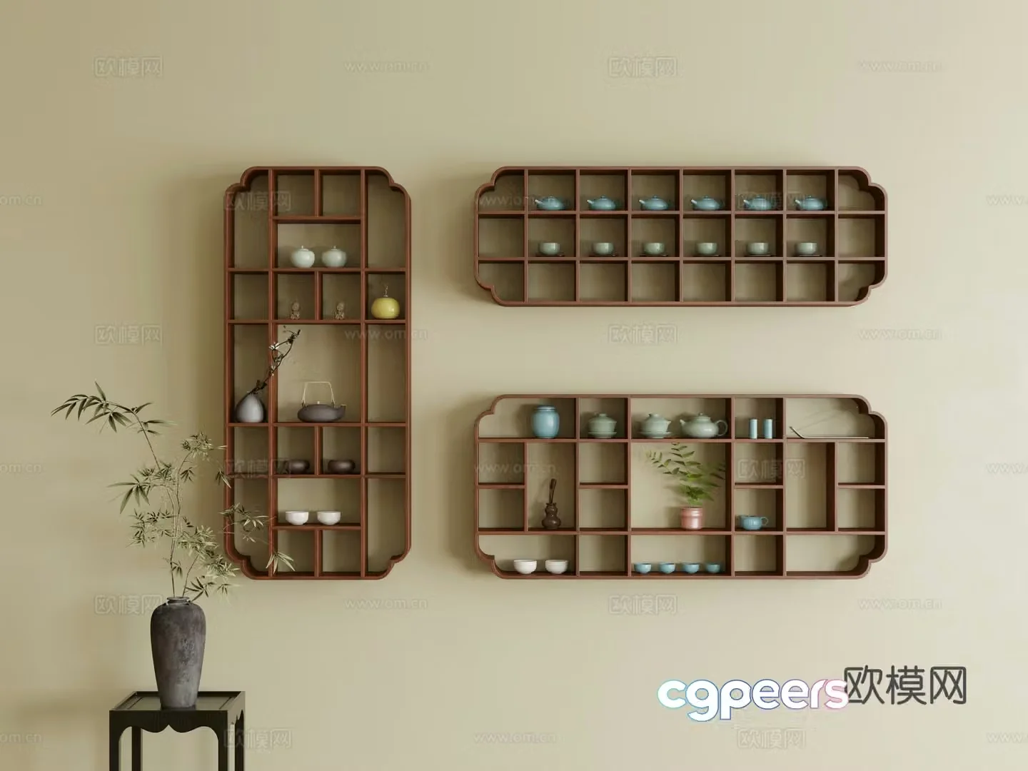 New Chinese style wall cabinet wall-mounted storage rack tea rack 3D model