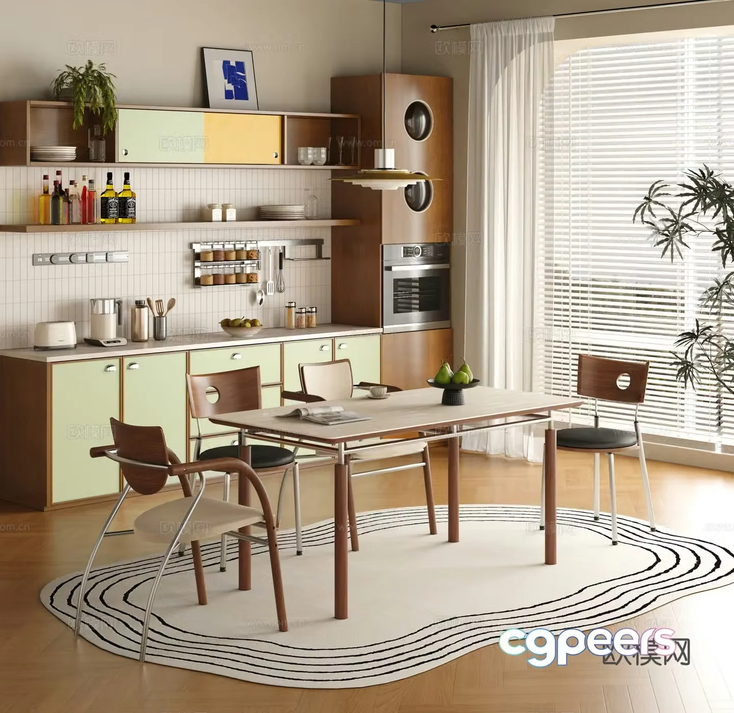 Modern Bauhaus dining table and chairs strip table solid wood hardware dining table finished dining table and chair 3D model