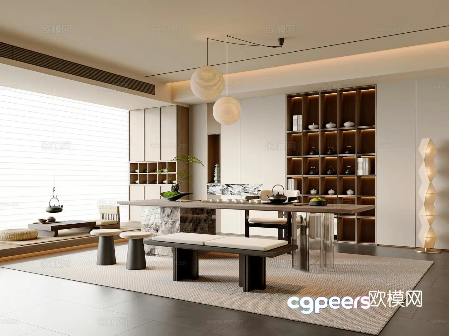 New Chinese style Chinese tea room tea table and chair combination tea room cabinet new Chinese style chandeliers tea room accessories ornaments 3D model