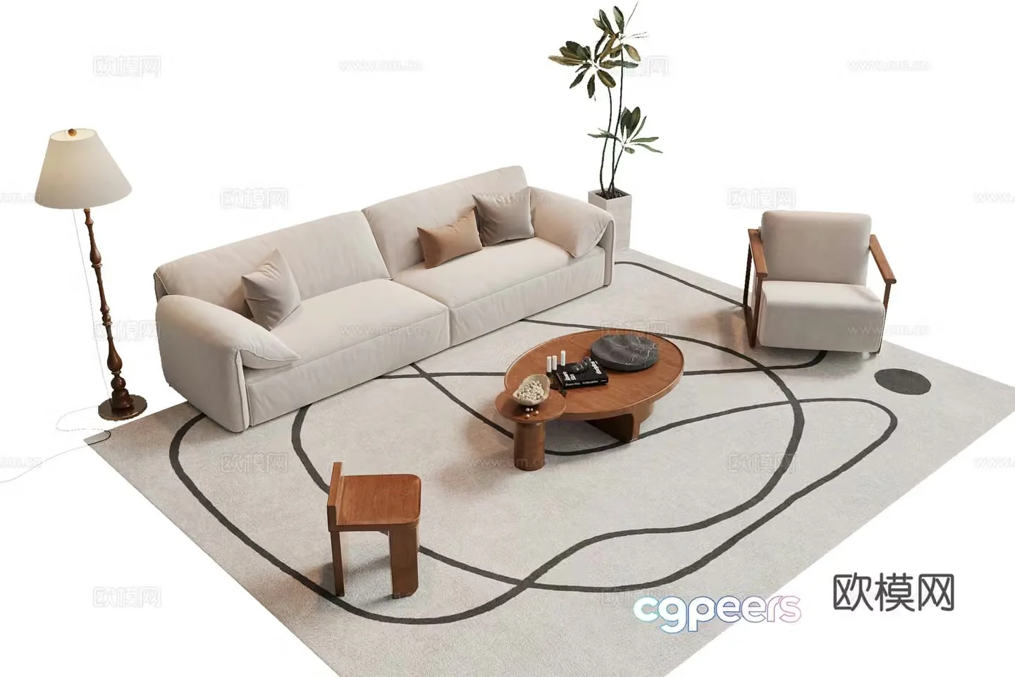 Modern medieval sofa coffee table combination leisure chair punzi three-person sofa floor lamp potted 3D model