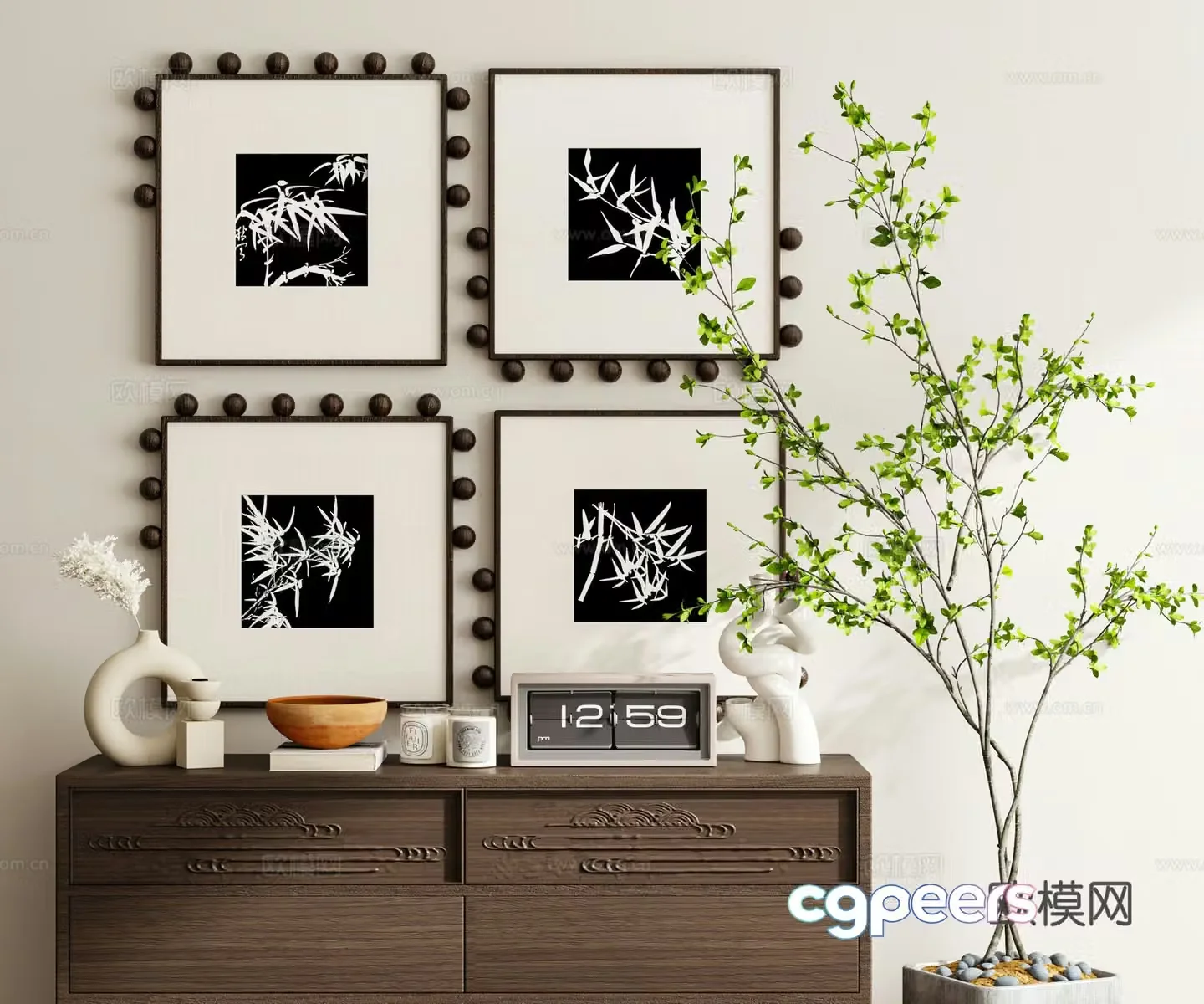 Middle-aged style combination painting black and white hanging painting bamboo hanging painting 3D model