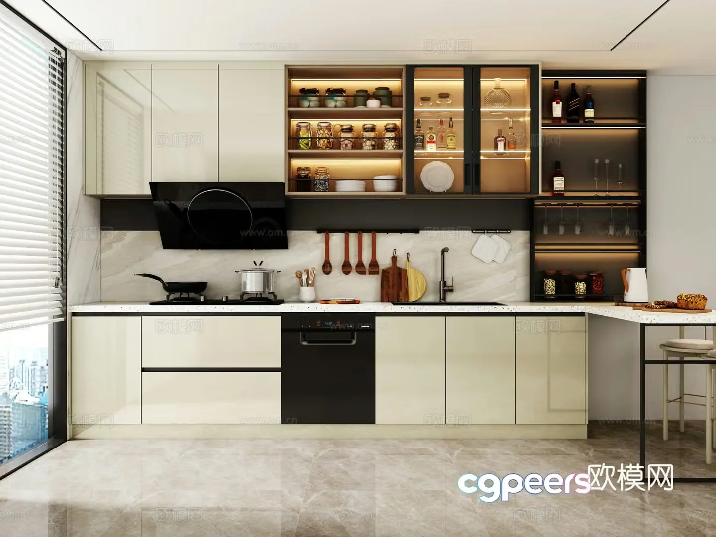 Modern light luxury cabinet minimalist cabinet kitchen supplies one-line cabinet 3D model