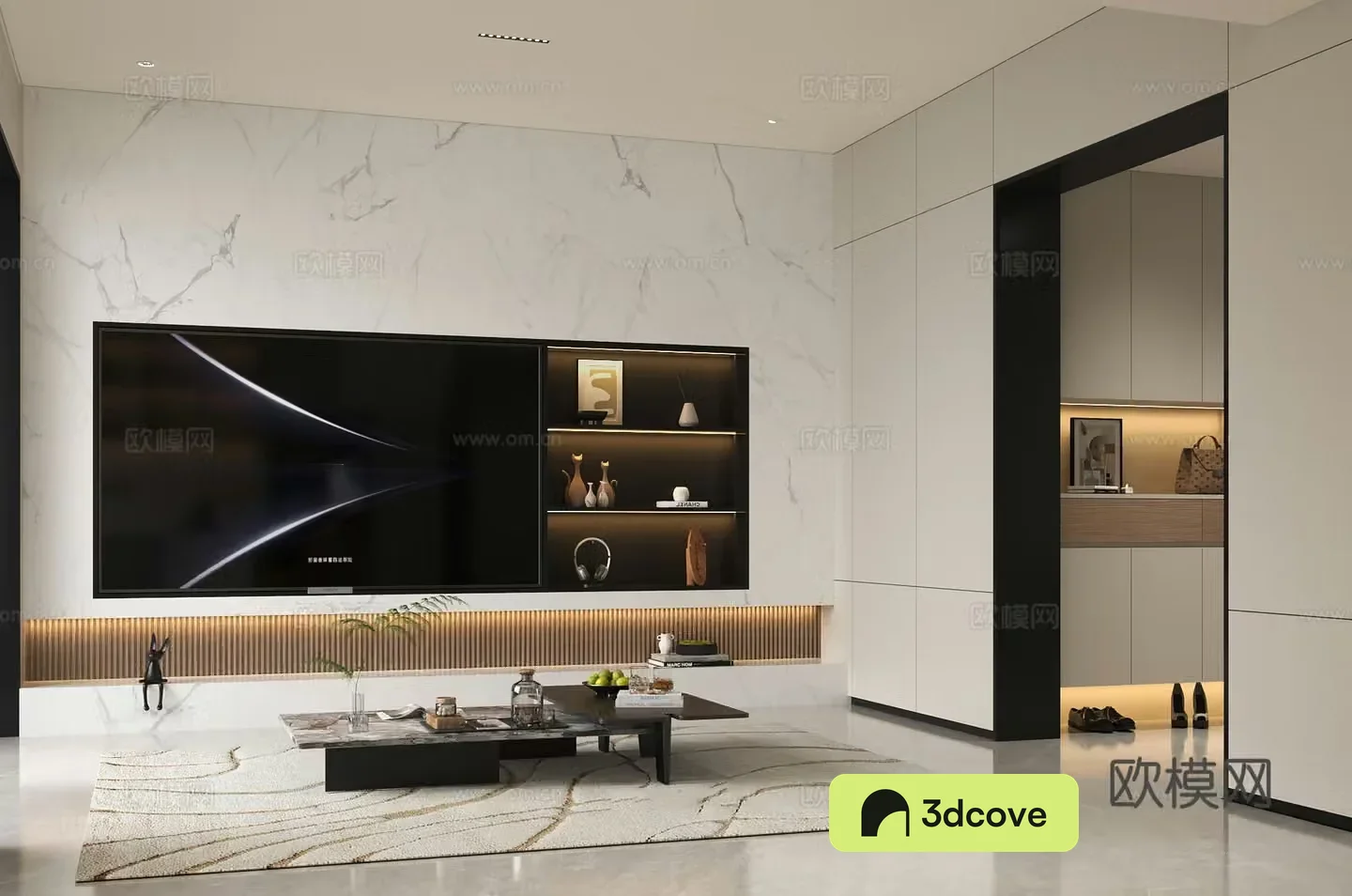Modern suspended TV wall Stone floor TV wall Modern Italian coffee table ornament Modern cream floor