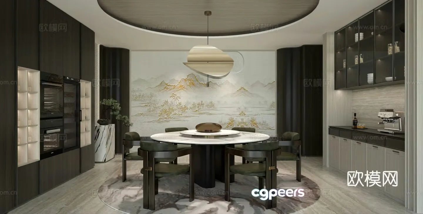 New Chinese restaurant Song’s restaurant dining table round table sideboard chandeliers wine cabinet coffee maker 3d model