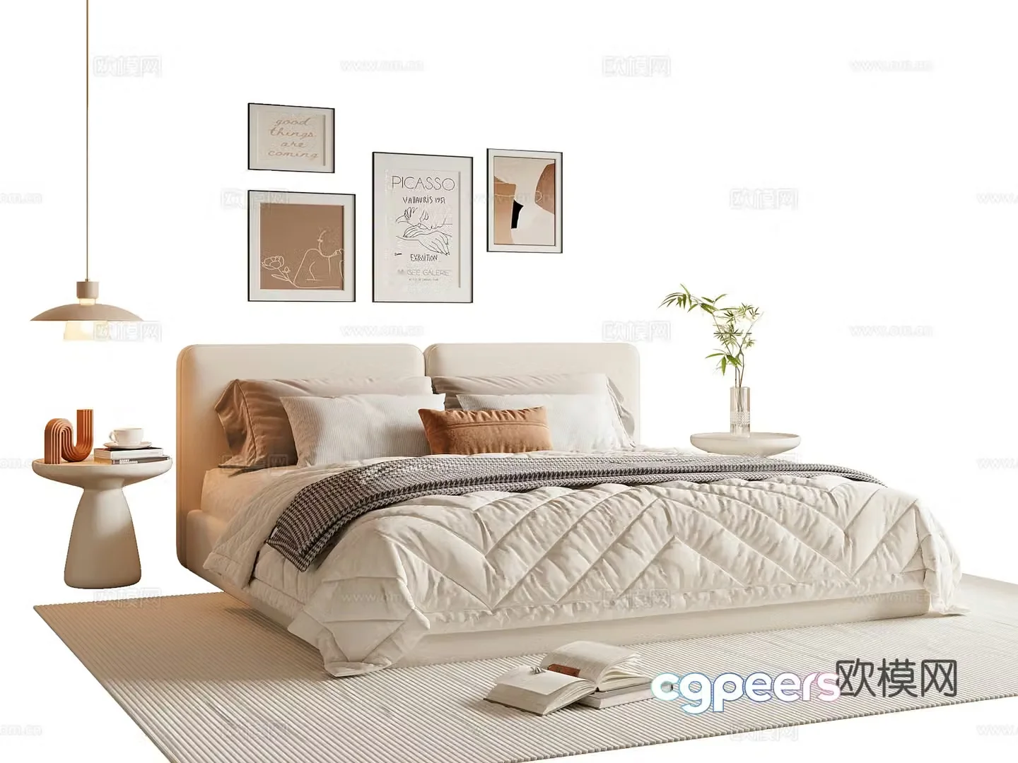 Modern cream style double bed 3d model