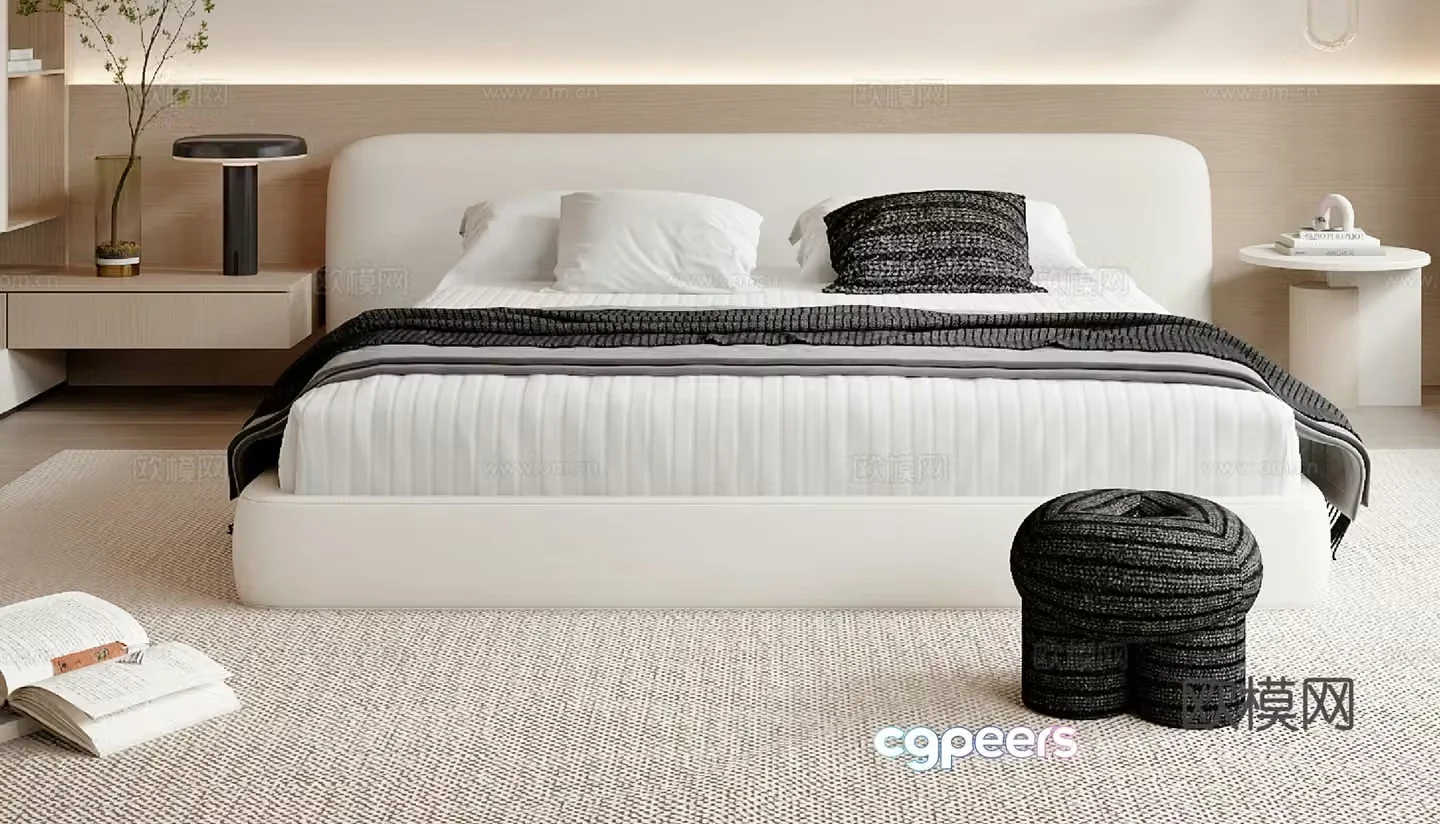 Creamy Double Bed 3D Model