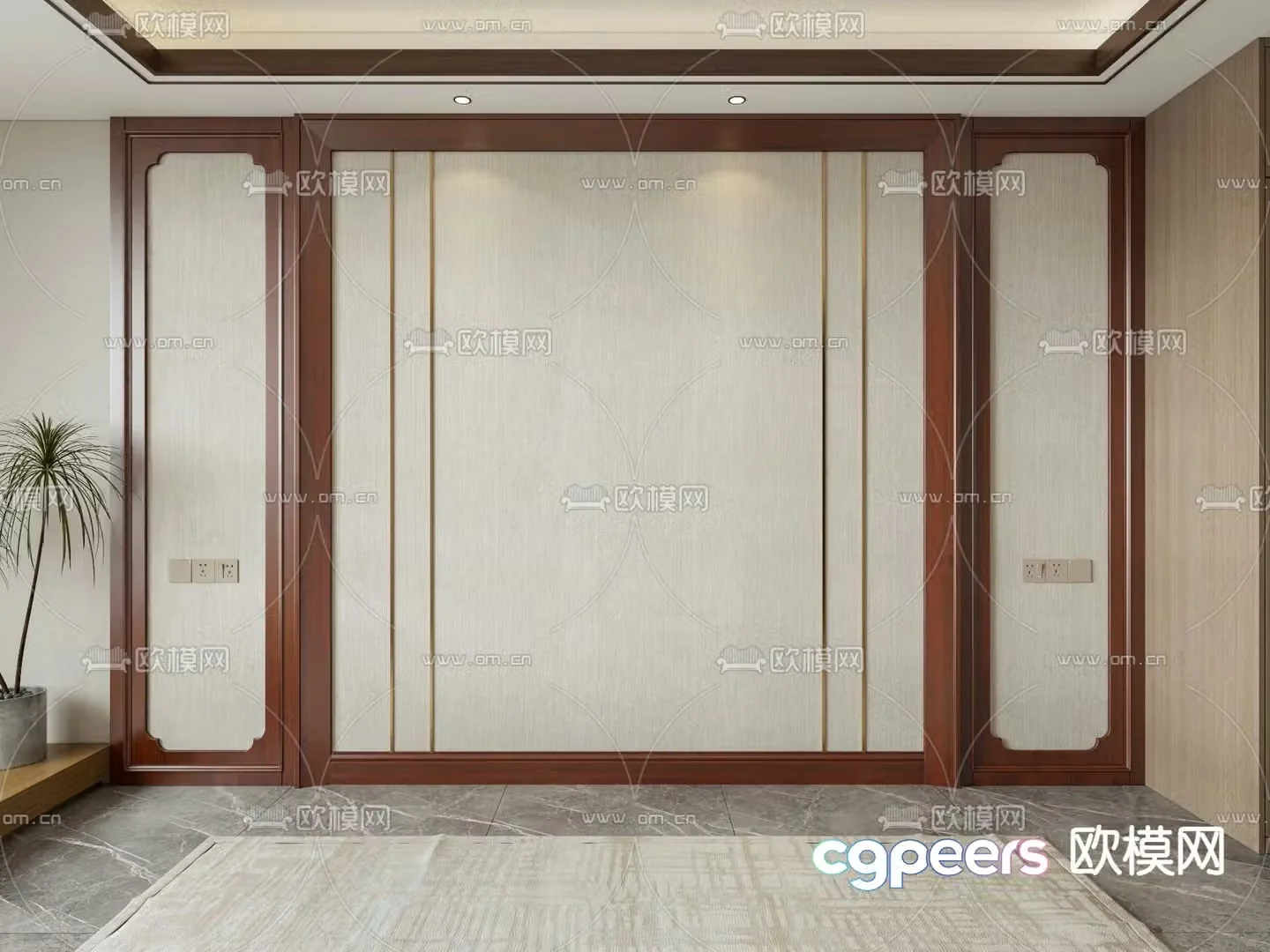 New Chinese style bedroom background wall solid wood wall panel 3d model