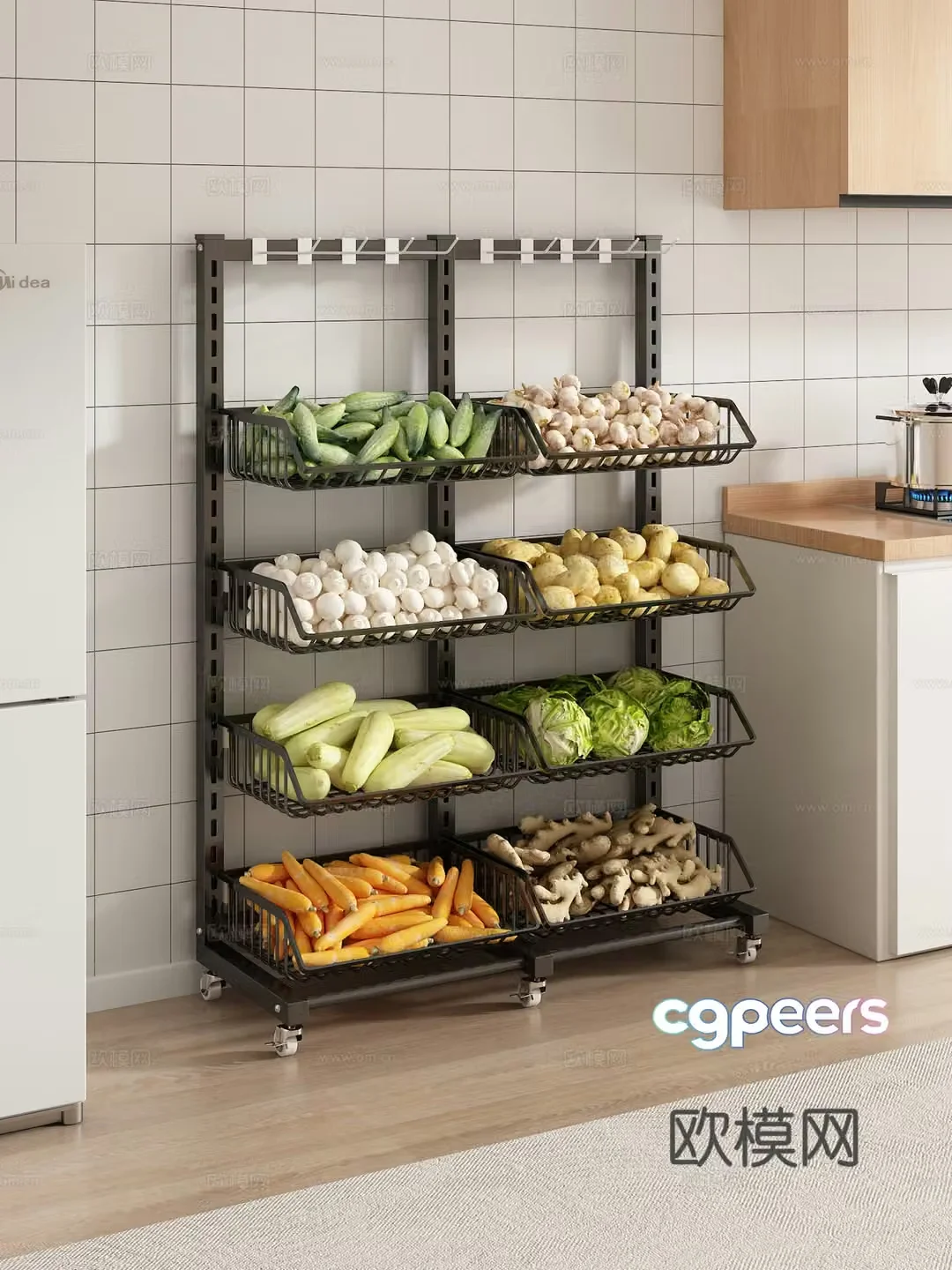 Kitchen shelf fresh vegetables carrot ginger cabbage mushroom potato garlic 3d model
