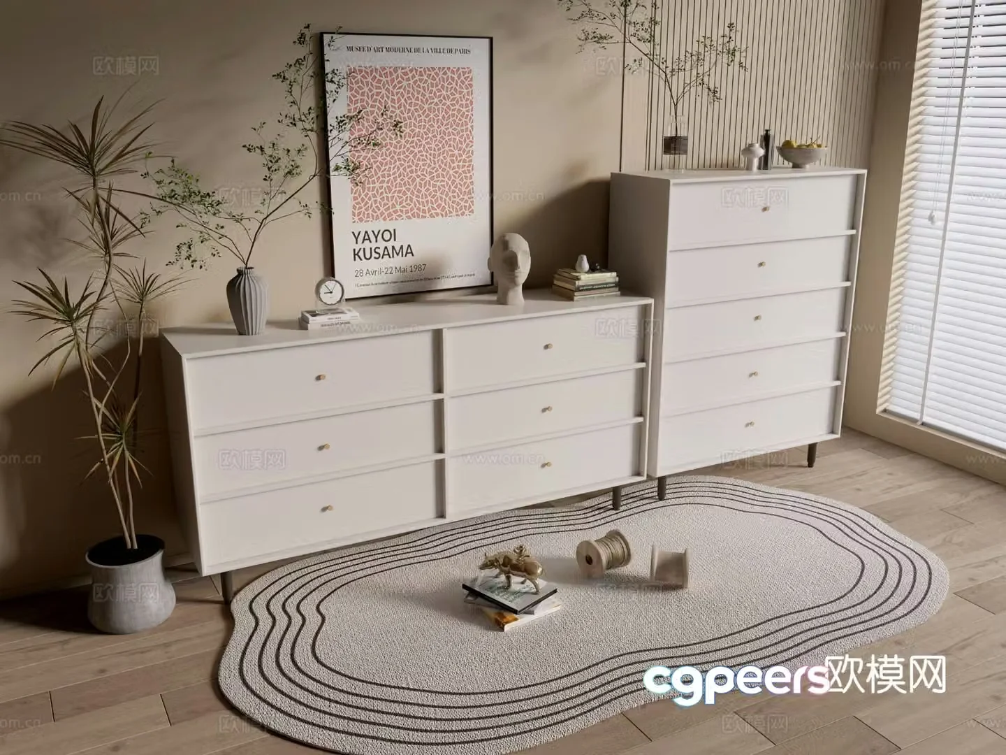 Cream style chest of drawers side cabinet 3d model