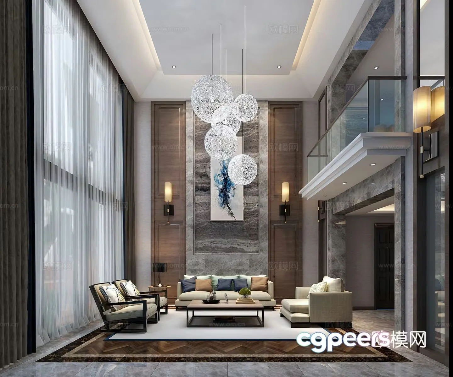 Modern living room sofa carpet coffee table decorative painting chandelier wall lamp 3d model