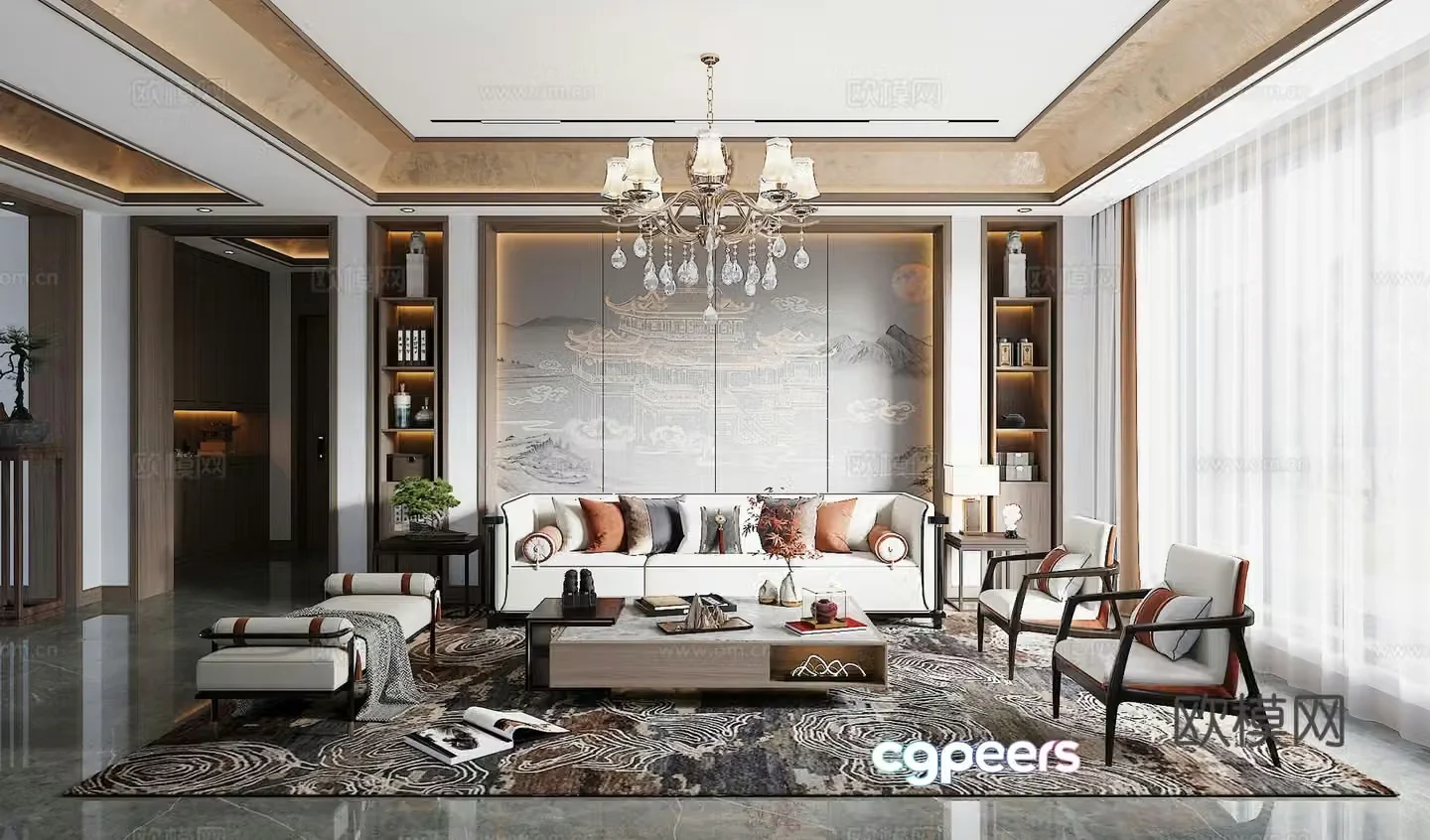 New Chinese living room sofa and coffee table combination green plants accessories desk lamp background wall 3D model