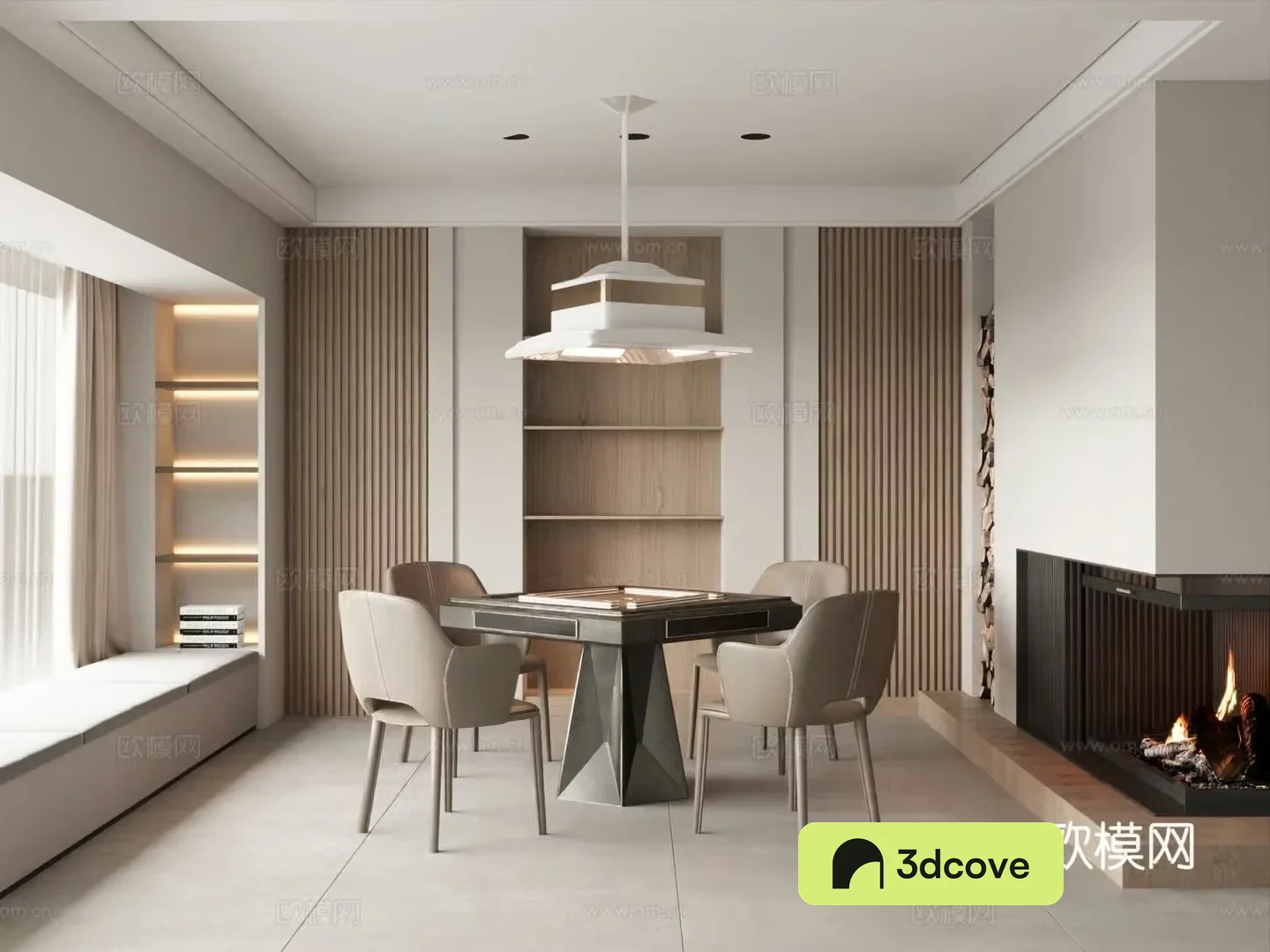 Modern chess and card room Mahjong table and chairs Fireplace Smoking lighting fixture