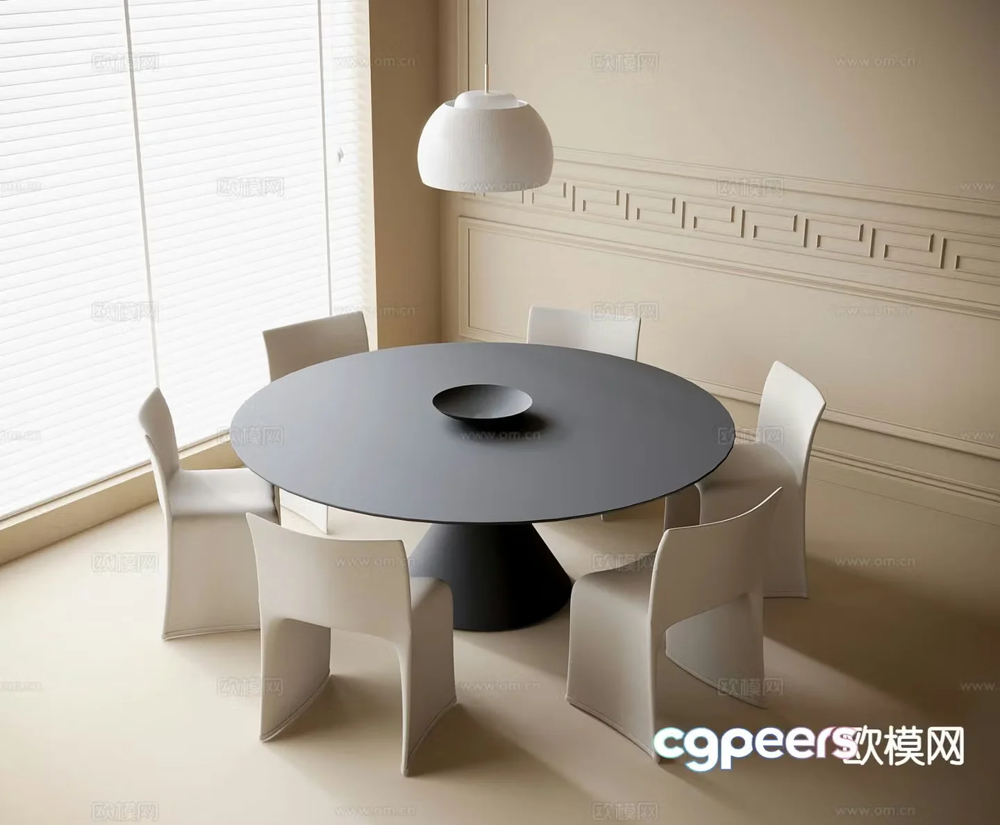 Creamy dining table and chairs Round dining table 3D model