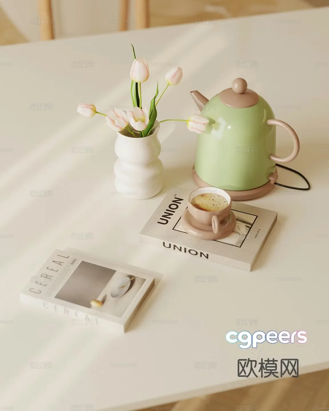 Modern cream style ornament combination coffee pot book cup 3d model
