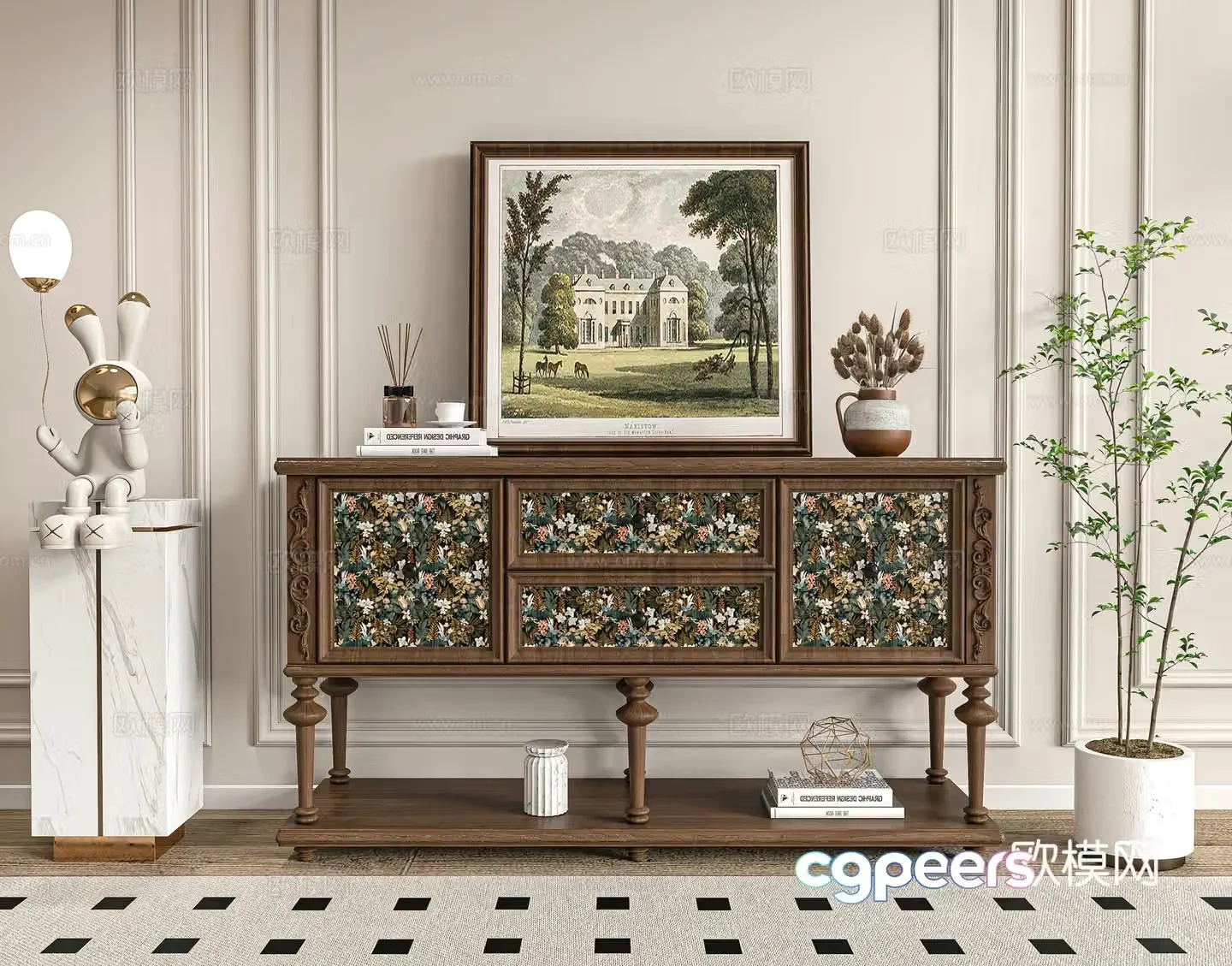 American retro entryway cabinet Duanjing cabinet 3D model