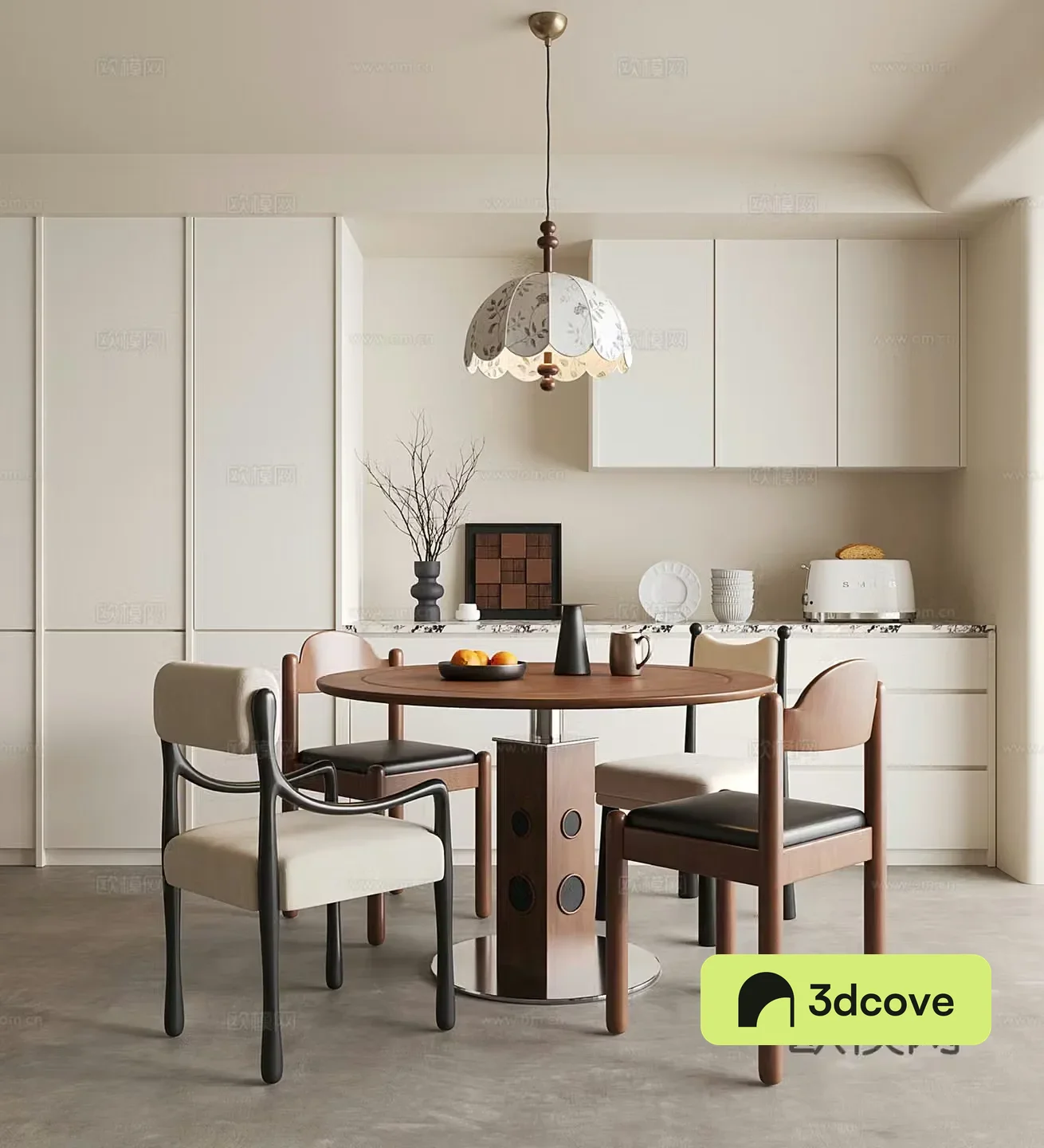 Middle style restaurant dining table and chairs wine cabinet chandeliers round dining table 3D model