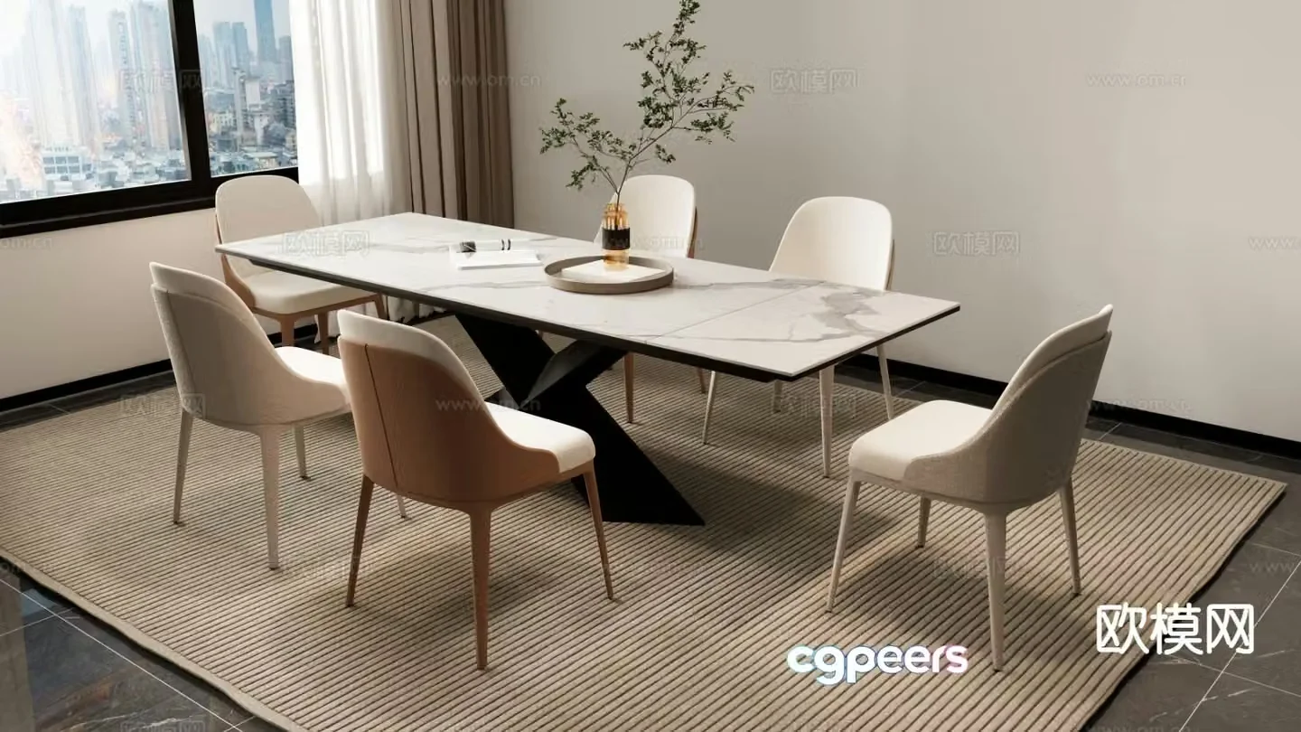 Simple dining table and chairs long dining table 3d model