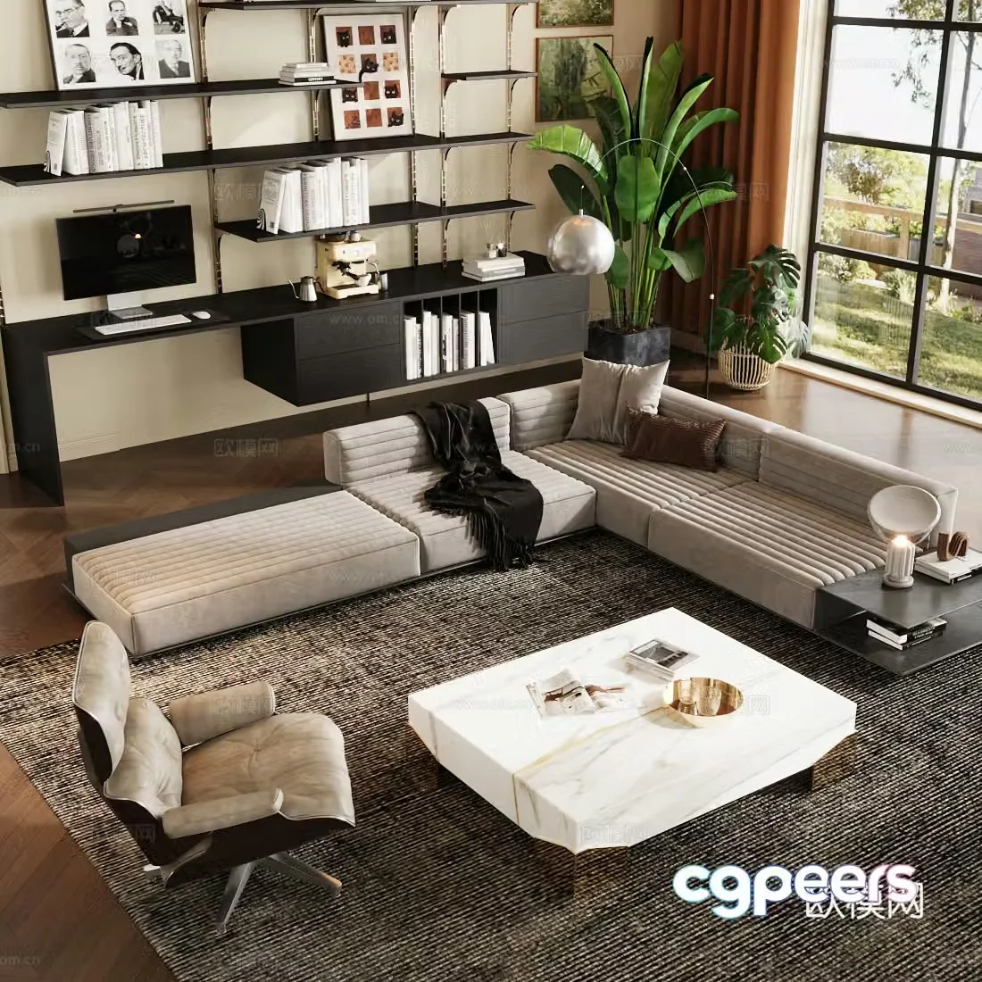 Modern home living room horizontal living room sofa coffee table combination solid wood bookcase 3D model