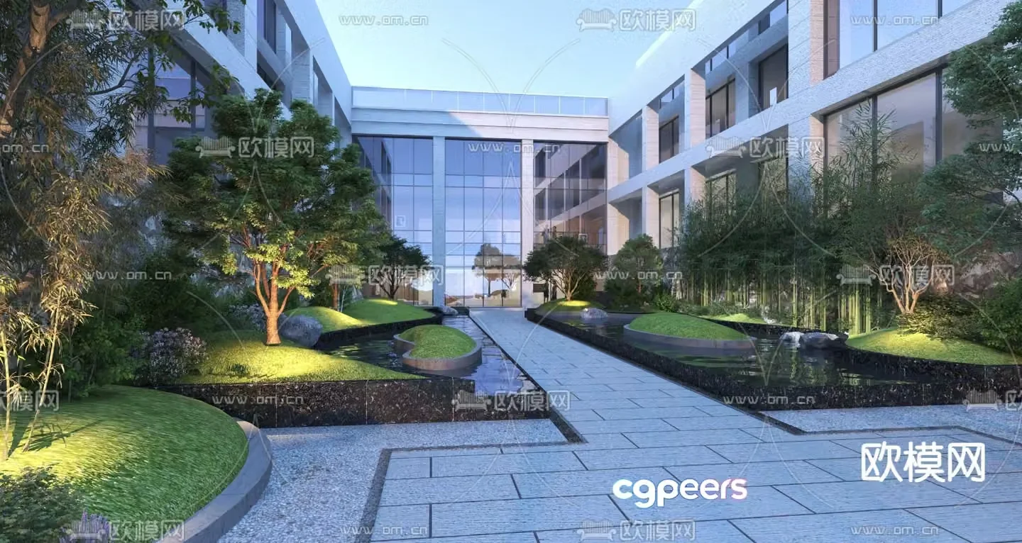 Modern office building landscape courtyard 3d model