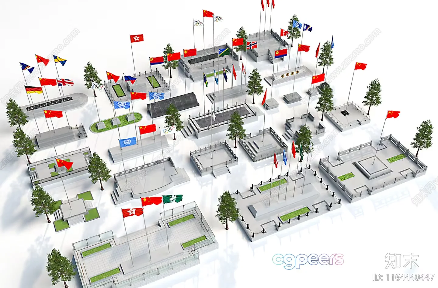 A Collection Of Flags On A White Background 3D Model – 4910 – VRAY Render