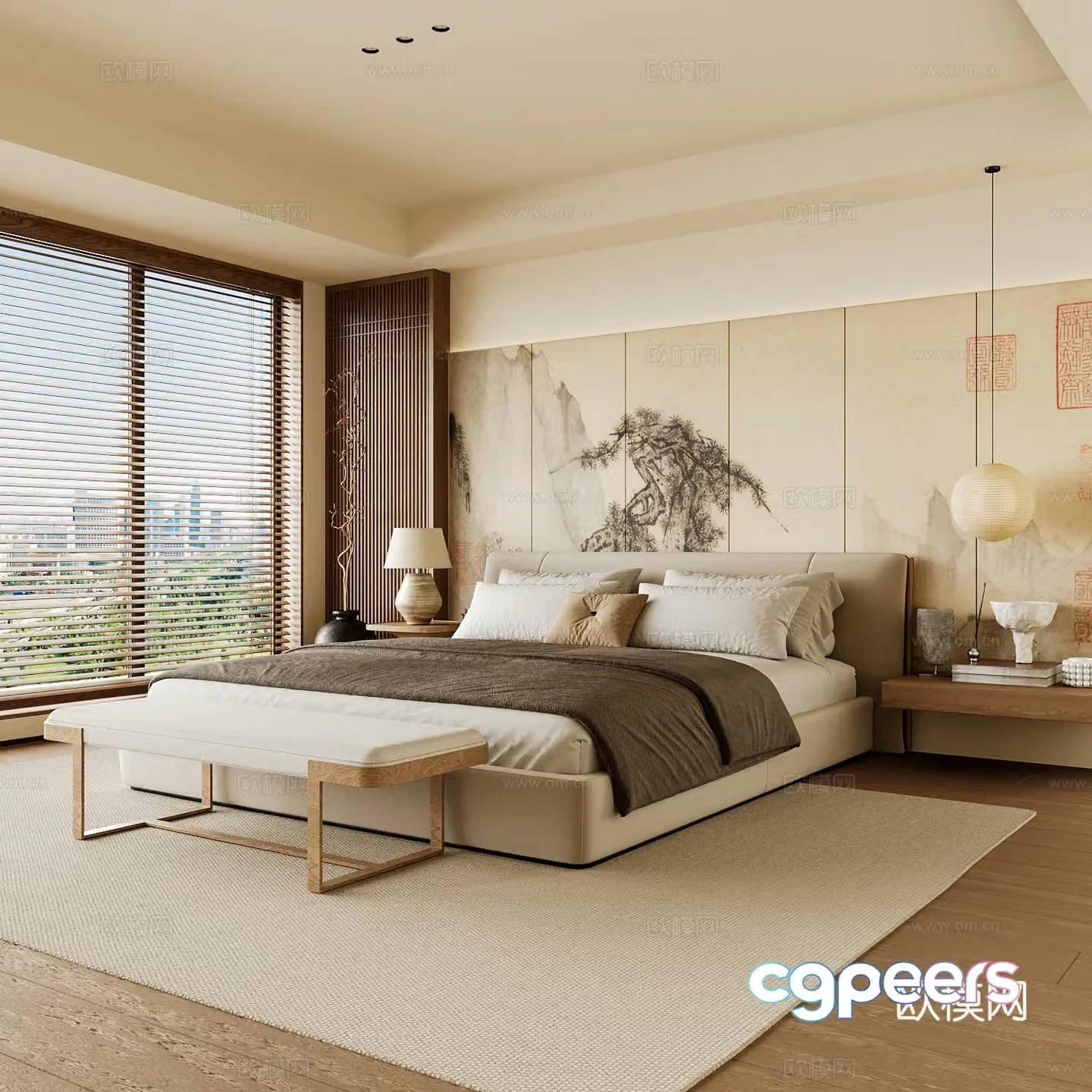New Chinese style home bedroom Song family aesthetic bedroom Song style bedroom New Chinese style double bed New Chinese 3D model