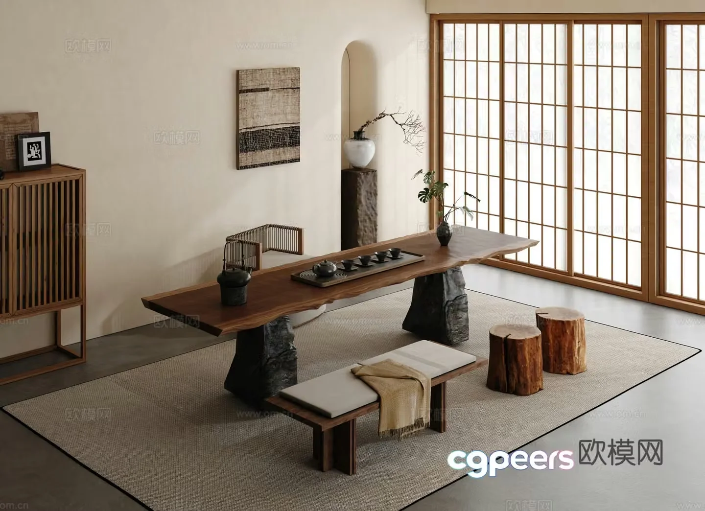 Wabi-sabi tea table and chair 3d model