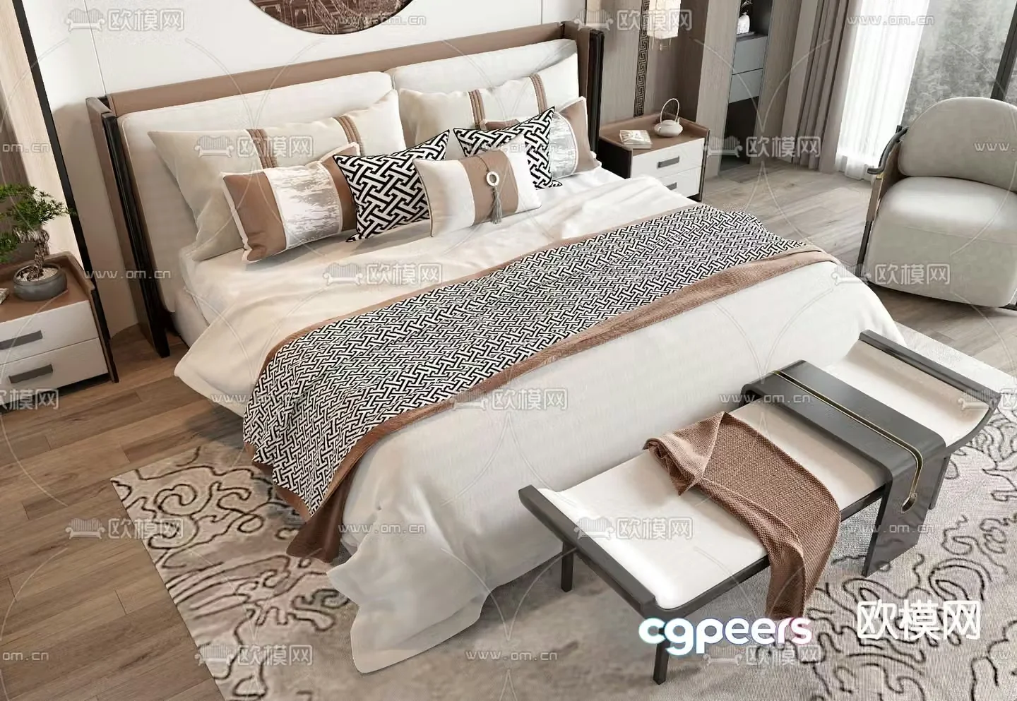 New Chinese style double bed 3d model