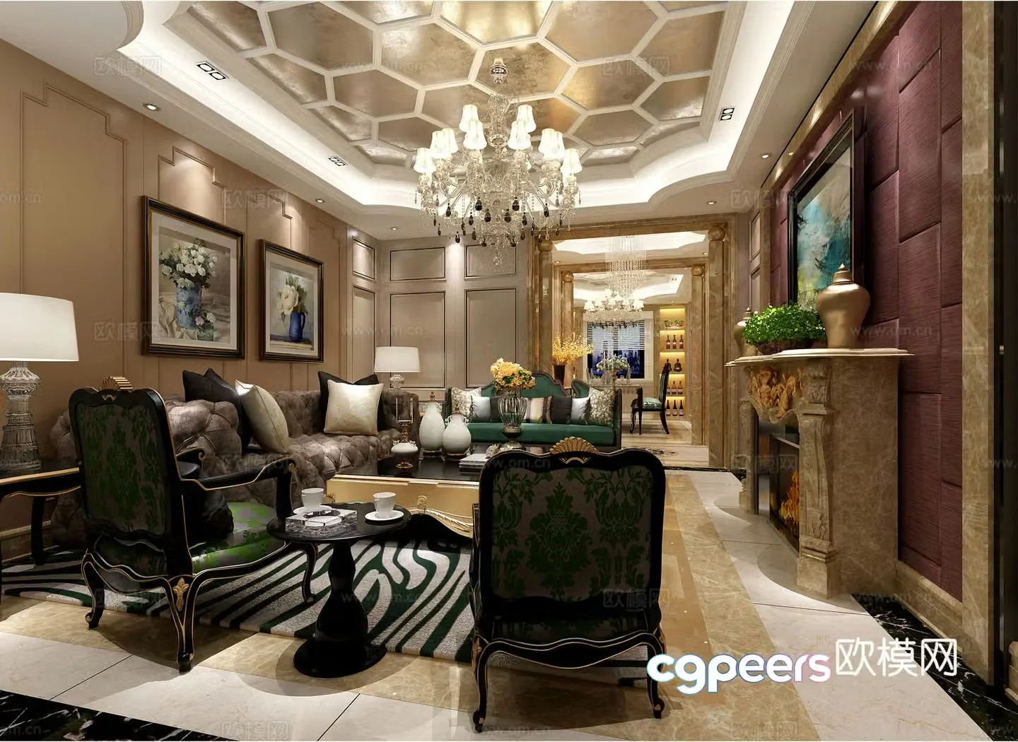 Neoclassical Chinese style living and dining room sofa coffee table chandeliers paintings TV cabinets ornaments dining tables and chairs 3D models