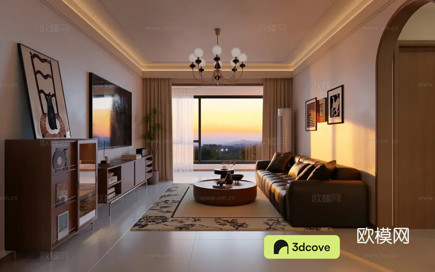 Dusk medieval style living room kitchen