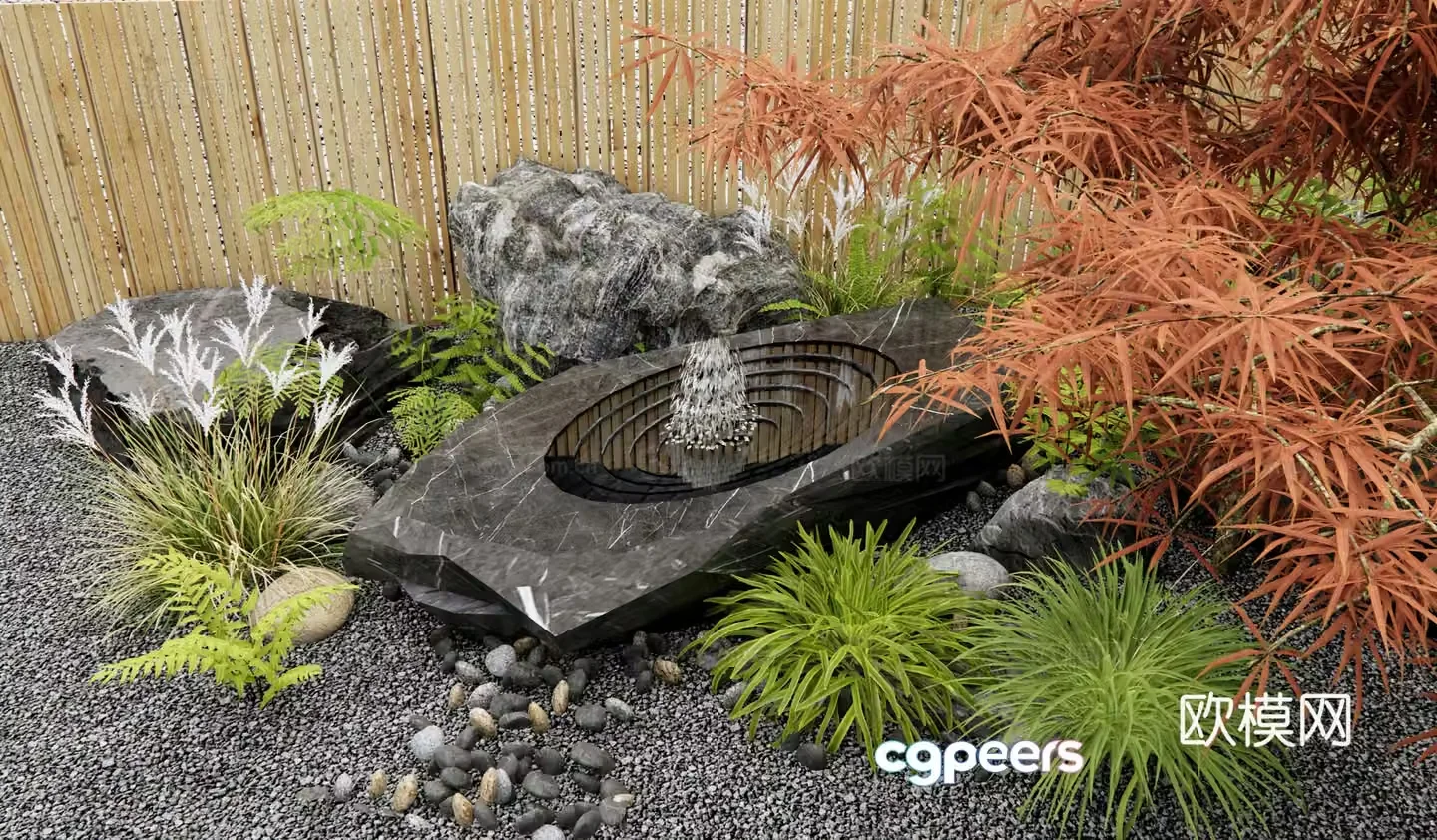 Japanese waterscape water bowl flowing water ornament stone mortar waterscape landscape stone red maple feather maple 3d model
