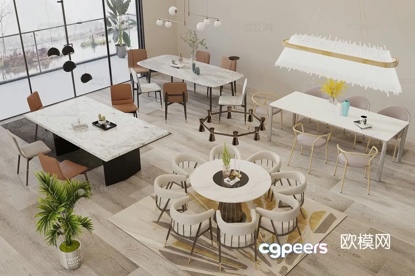 Modern cream style dining table and chair combination long table round table dining table and chair combination dining table and chair combination dining chandeliers 3D model