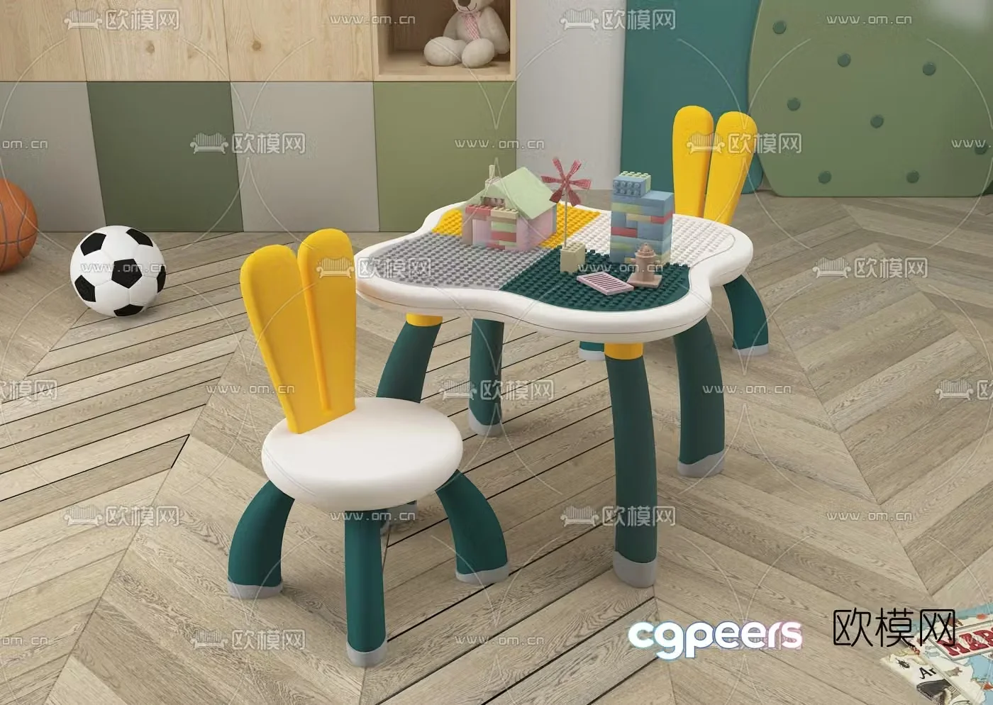 Modern plastic children’s building blocks table and chairs 3d model