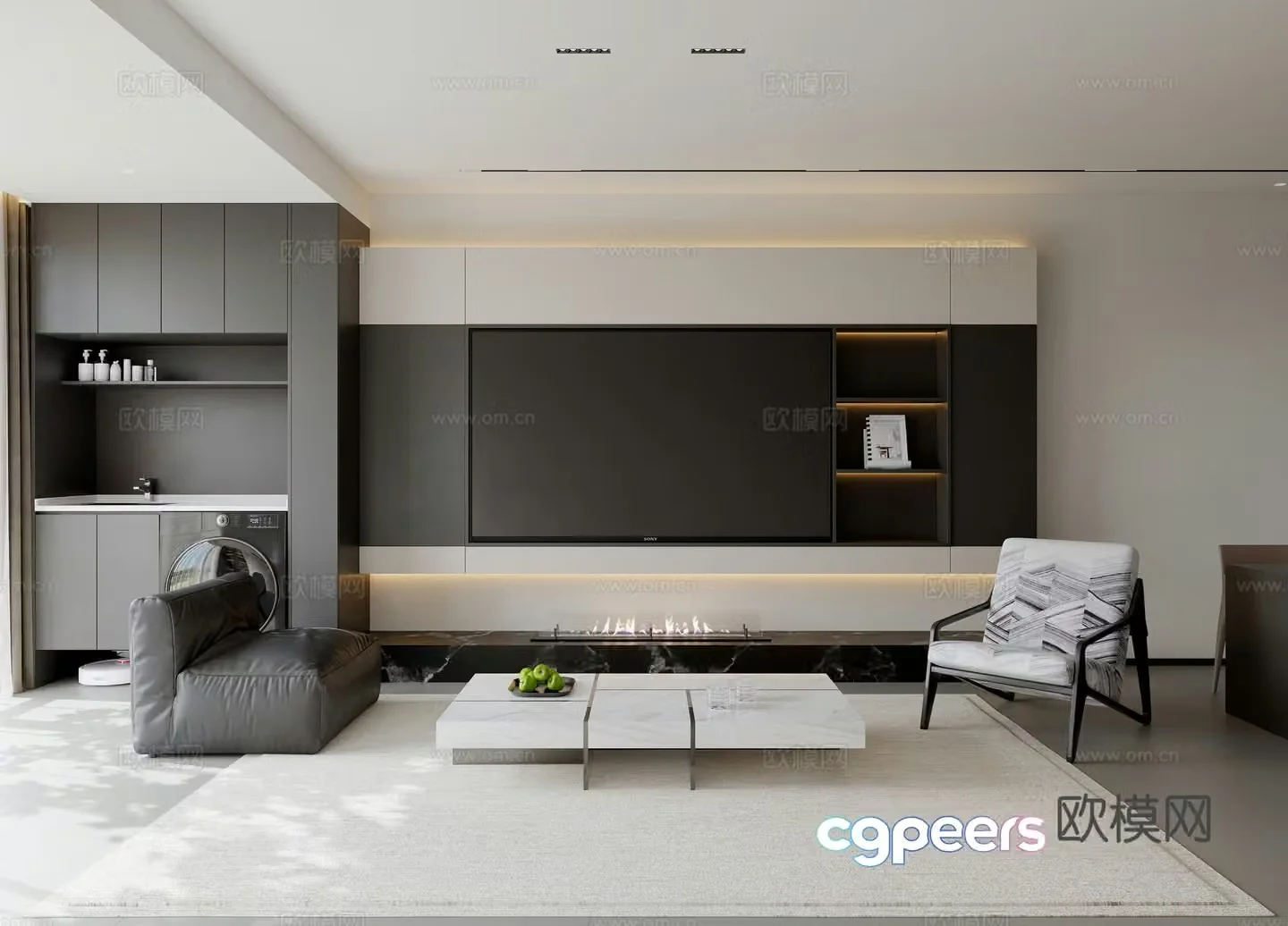 Modern living room Italian living room TV background wall premium gray leisure chair simple living room 3d model