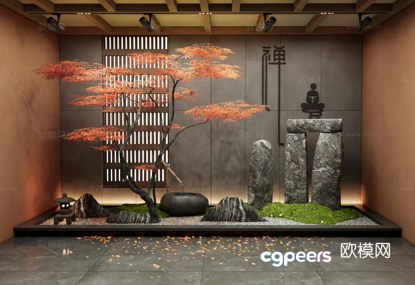 New Chinese style courtyard landscape sketch Interior landscape Landscape Stone Water bowl Red maple landscape tree 3D model
