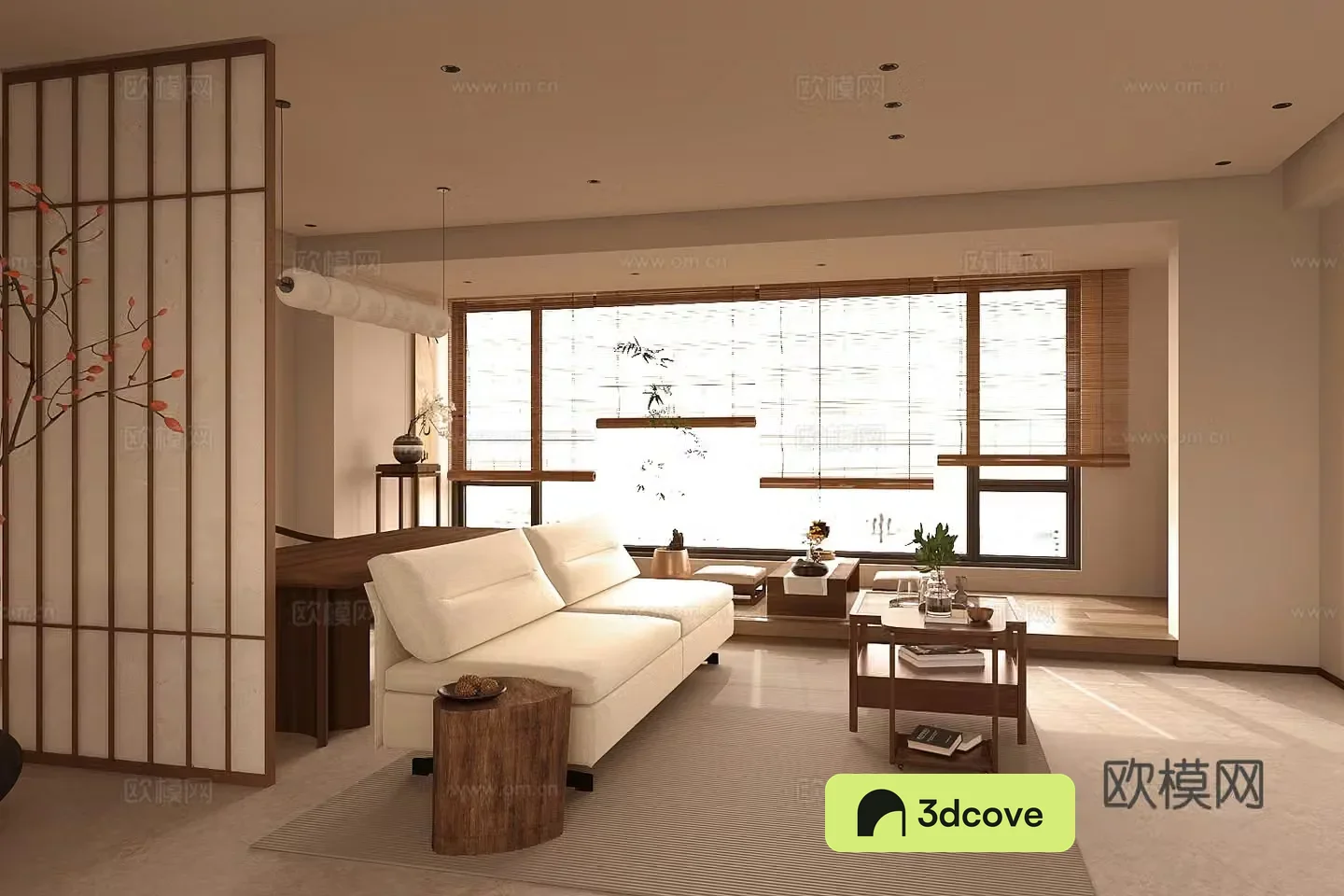 Middle-aged home living room sofa and tea table combination tatami tea table and chair combination potted flower vase 3D model