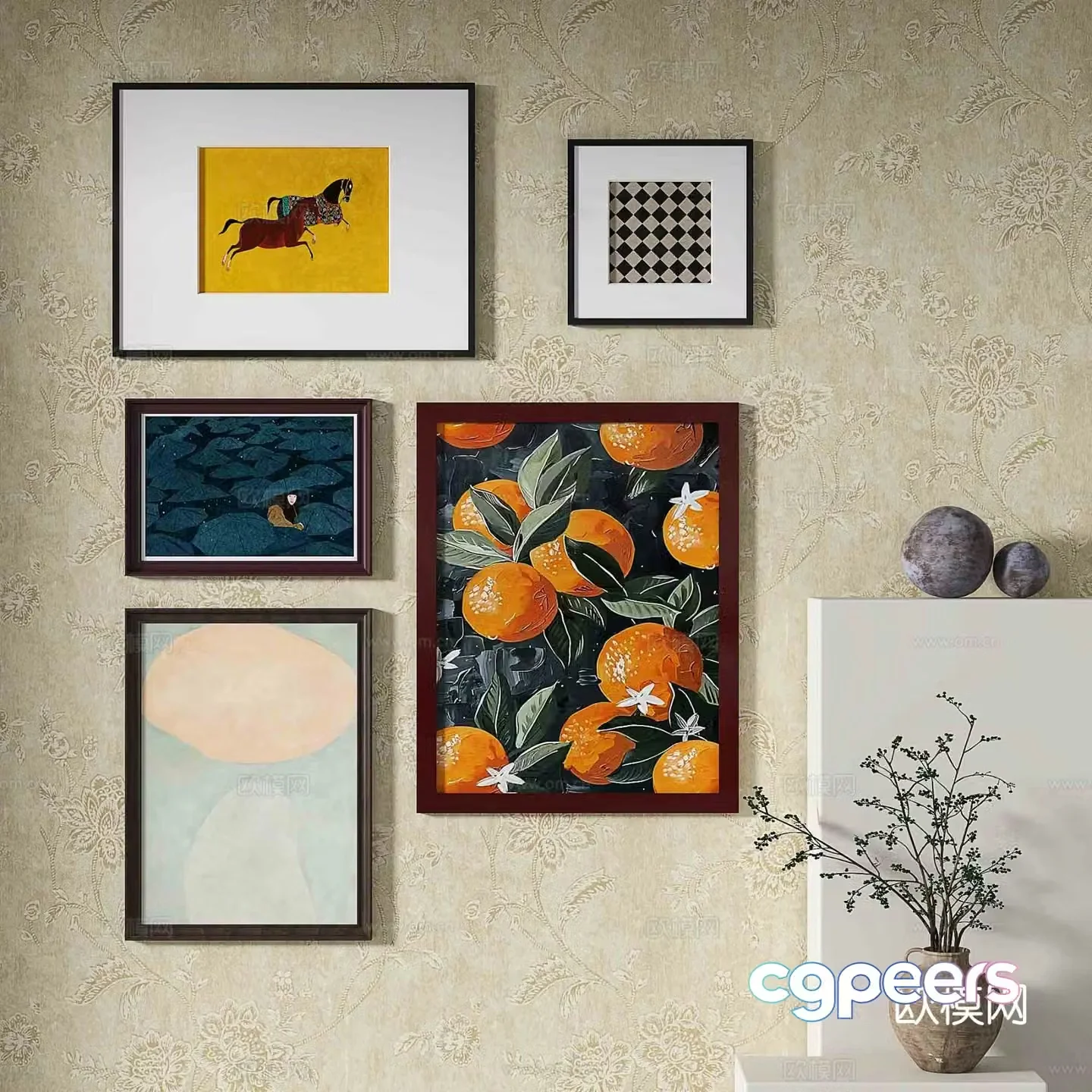 Nordic decorative painting retro painting combined hanging painting 3D model