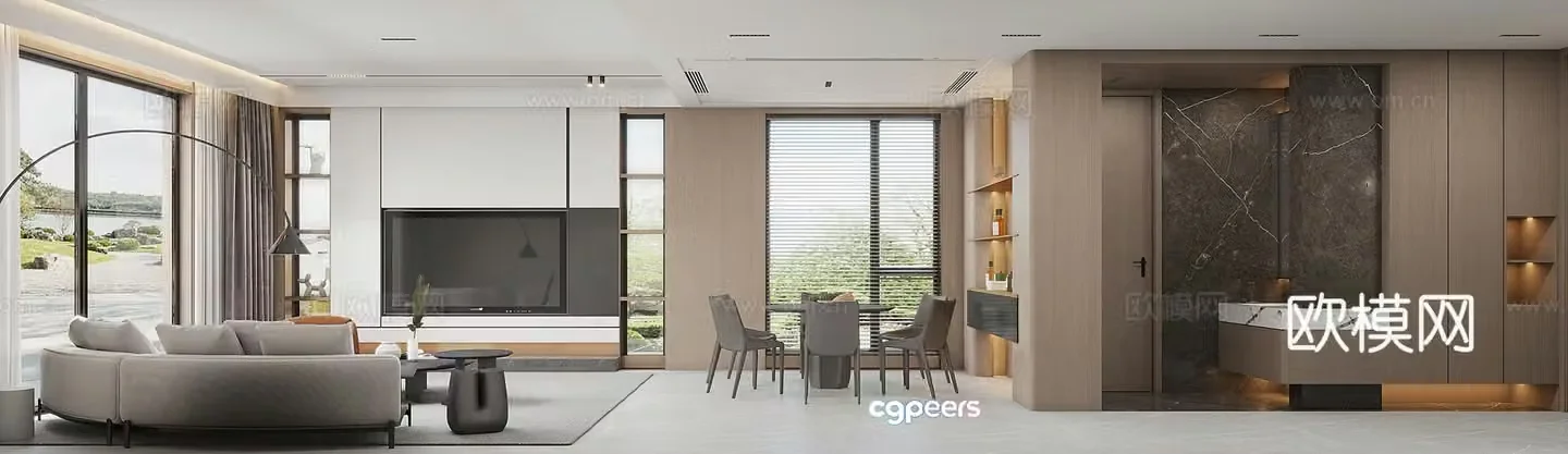 Modern living and dining room 3d model