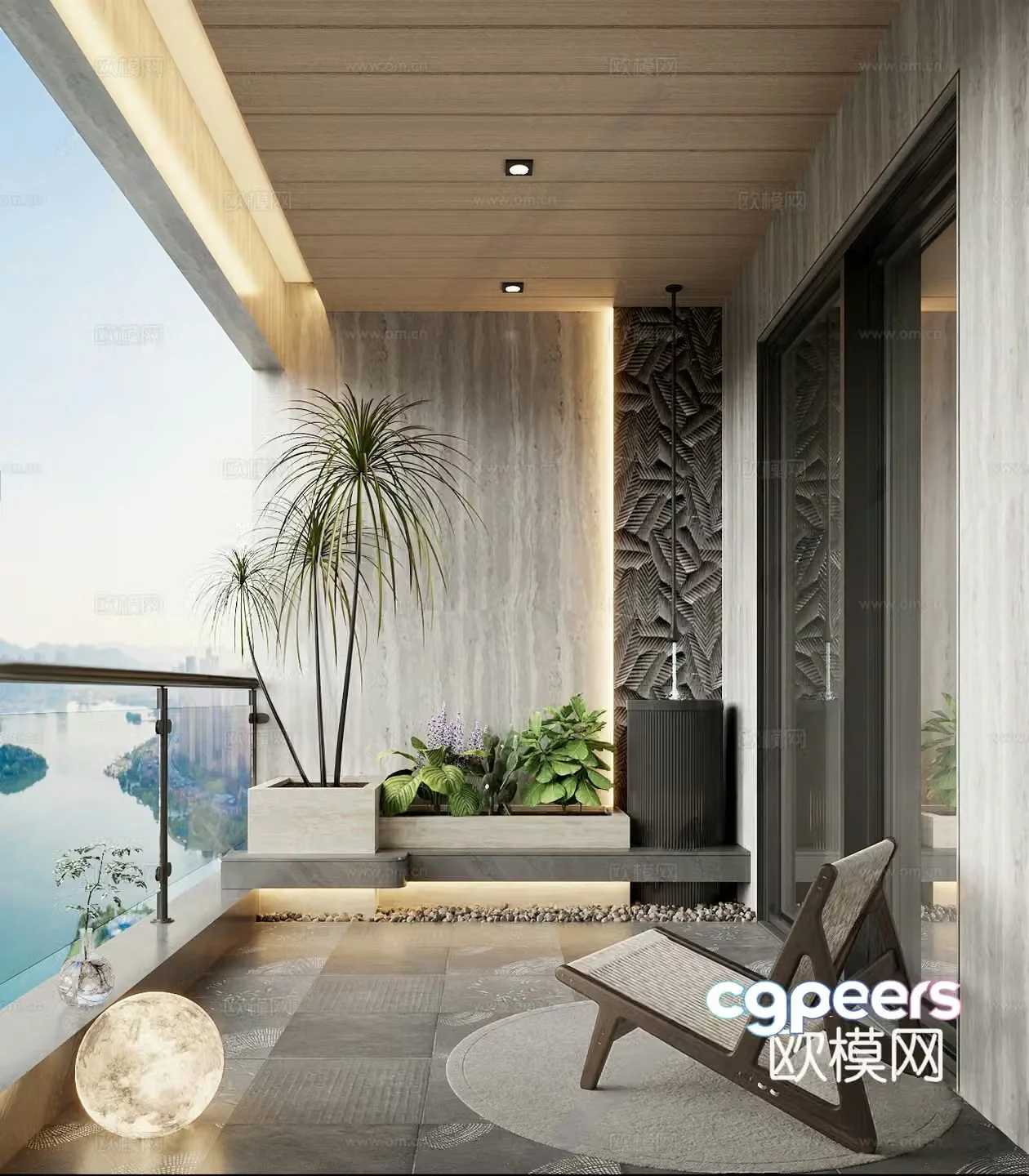 Modern family garden balcony viewing balcony moonlight sink plant flowerbed rest 3d model