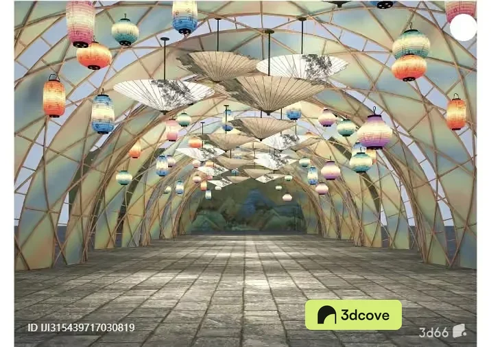 A Large Open Room With A High Ceiling And Many Colorful Lanterns Hanging