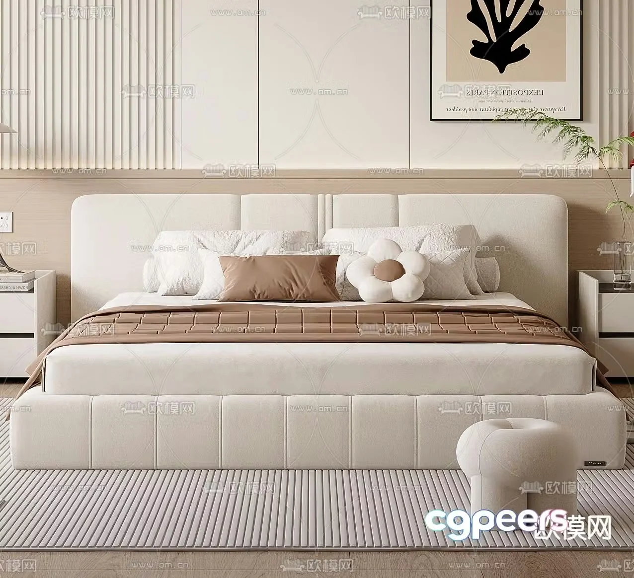 Cream style double bed 3d model