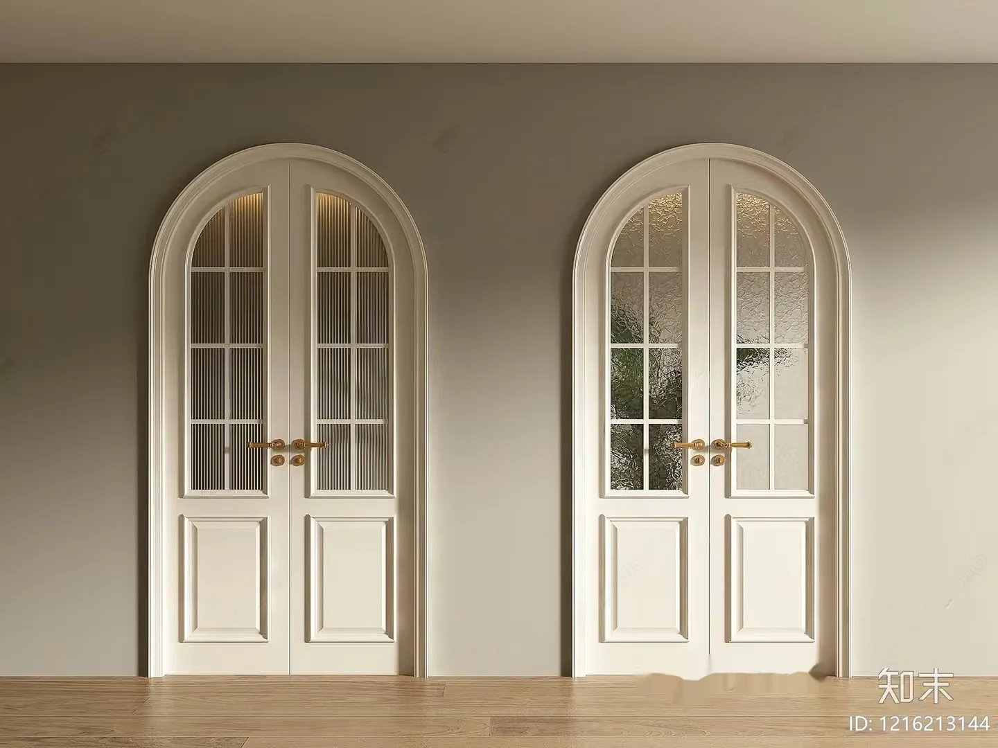 Two White French Doors With Gold Handles And Windows 3D Model – 11969 – VRAY Render